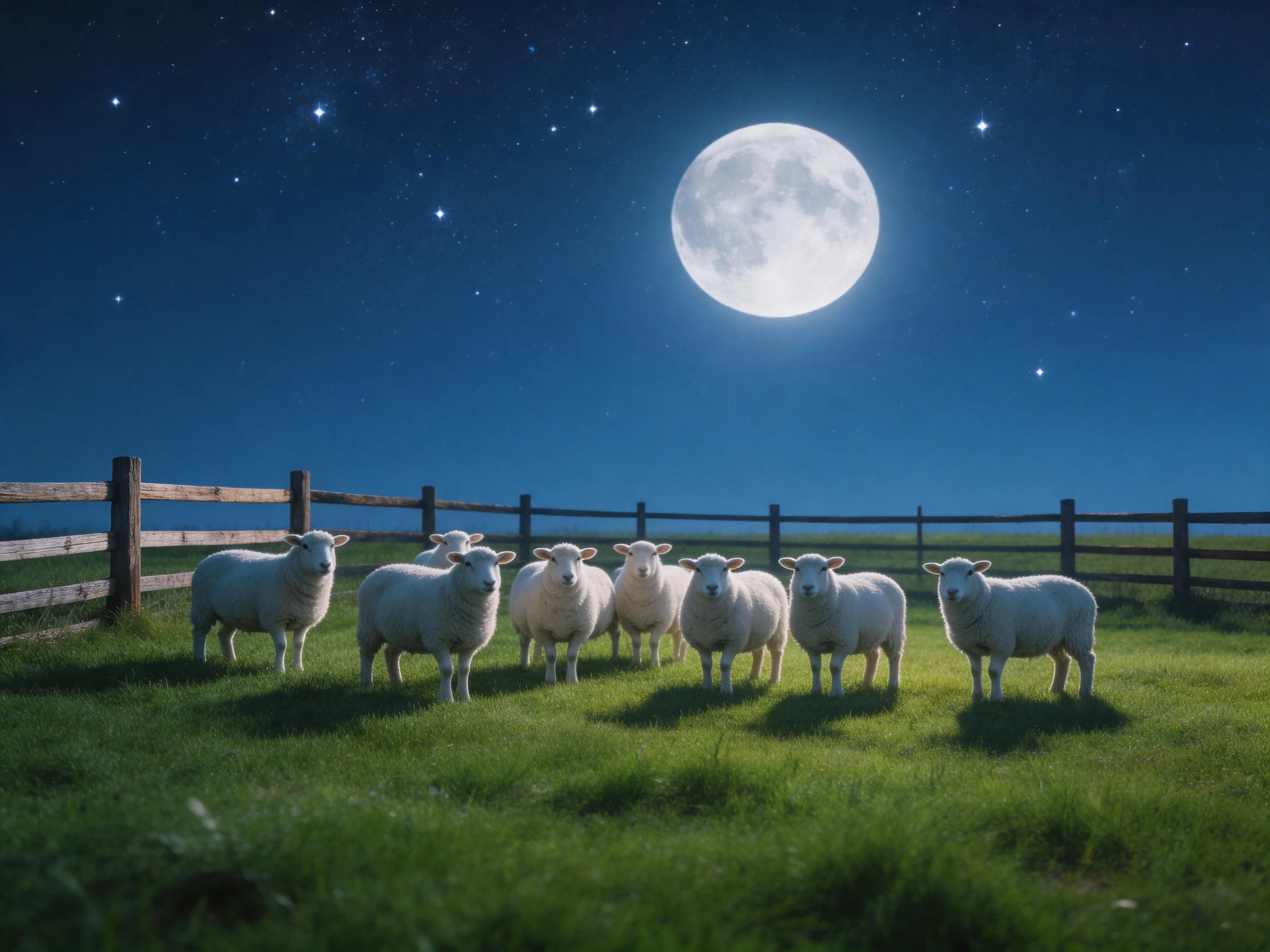 Eight white sheep near a wooden fence under a bright full moon