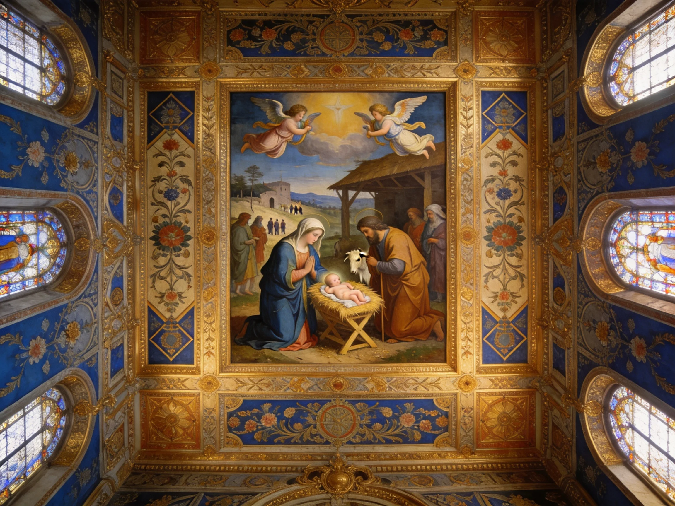 Elaborate nativity painting in gilded blue chapel