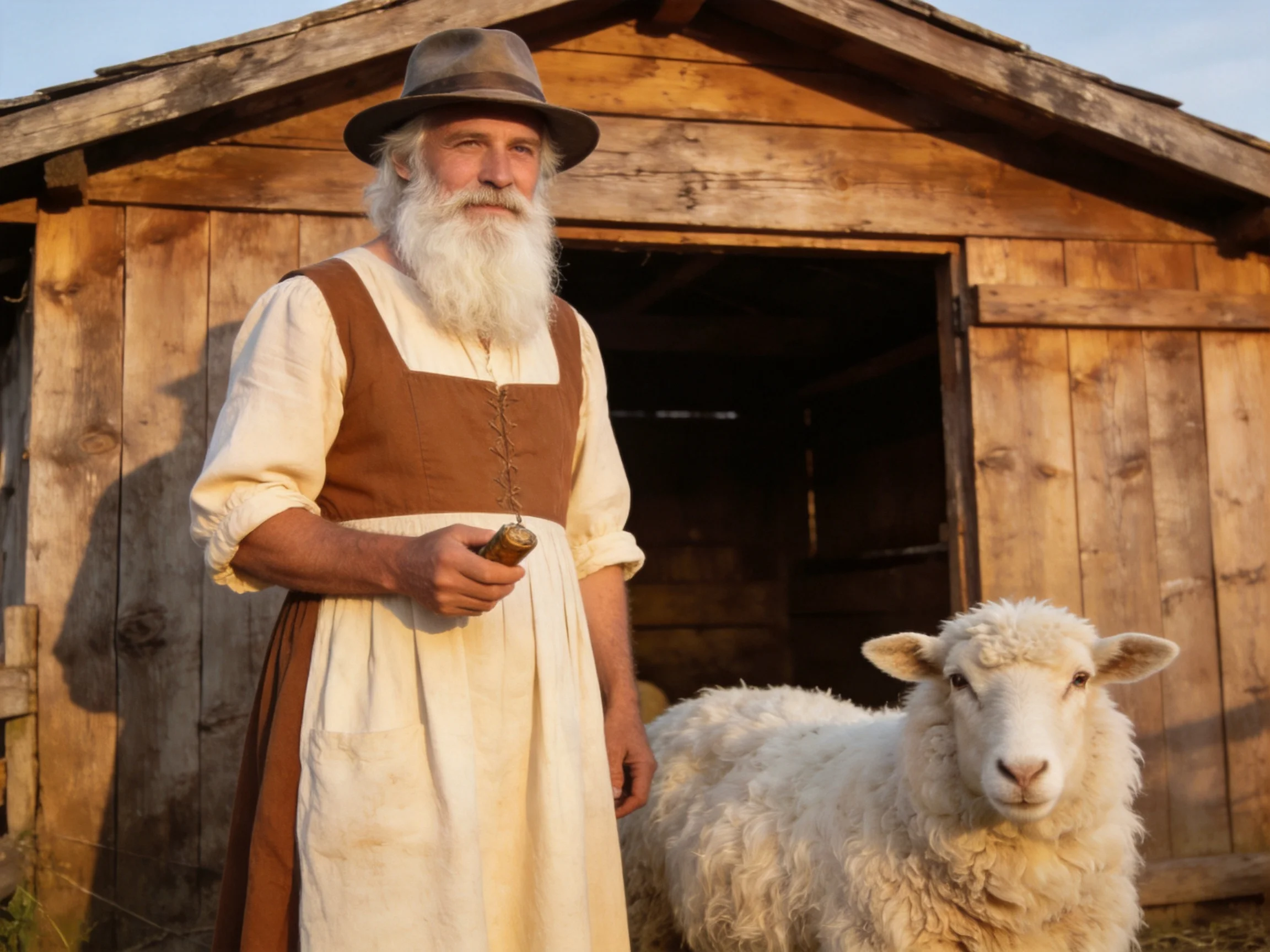 Elderly man in historical clothing stands beside sheep near wooden barn
