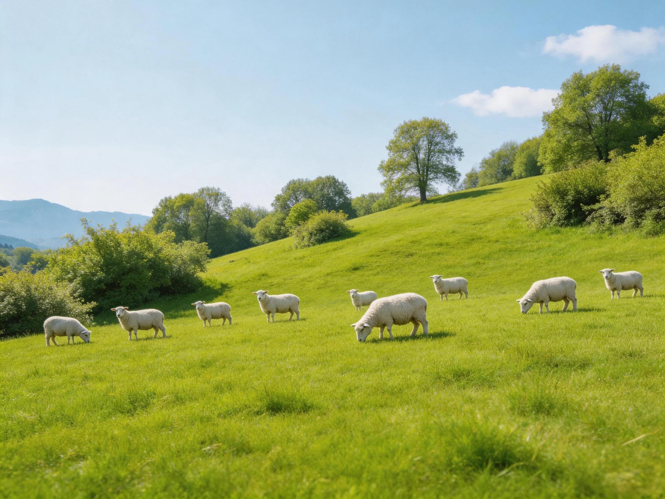Eleven sheep graze in a verdant hillside pasture with scattered trees.
