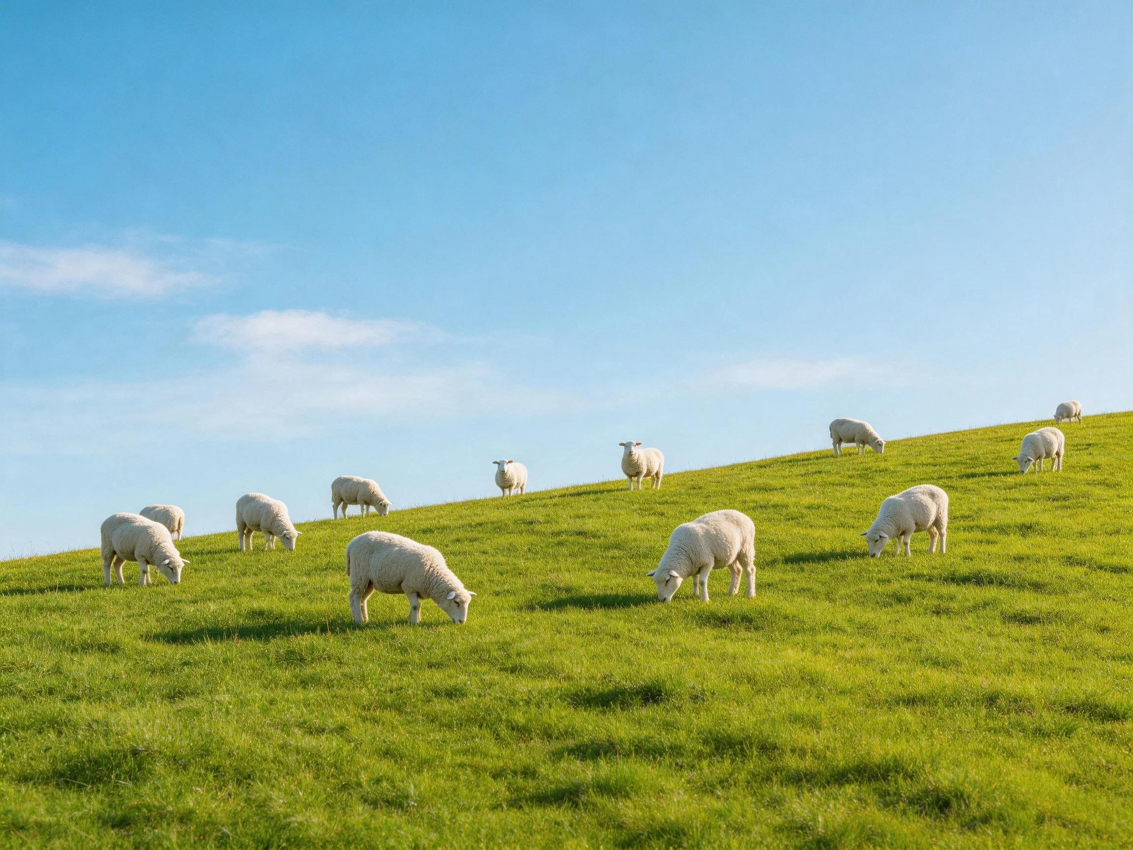 Sheep graze peacefully on a verdant hillside under a bright blue sky