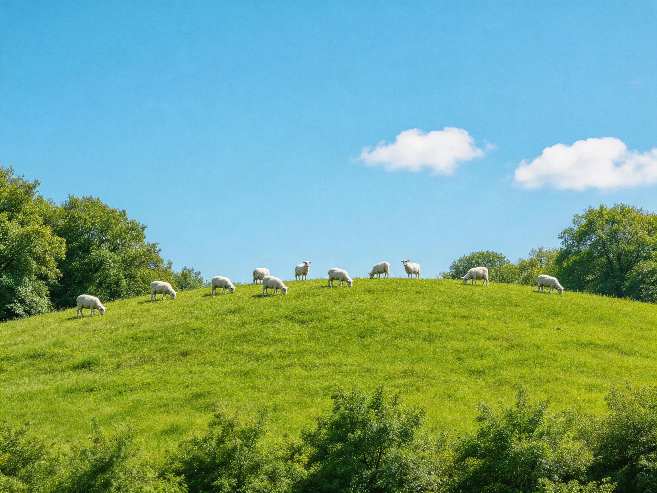 Eleven white sheep graze on a lush green hillside under bright blue sky