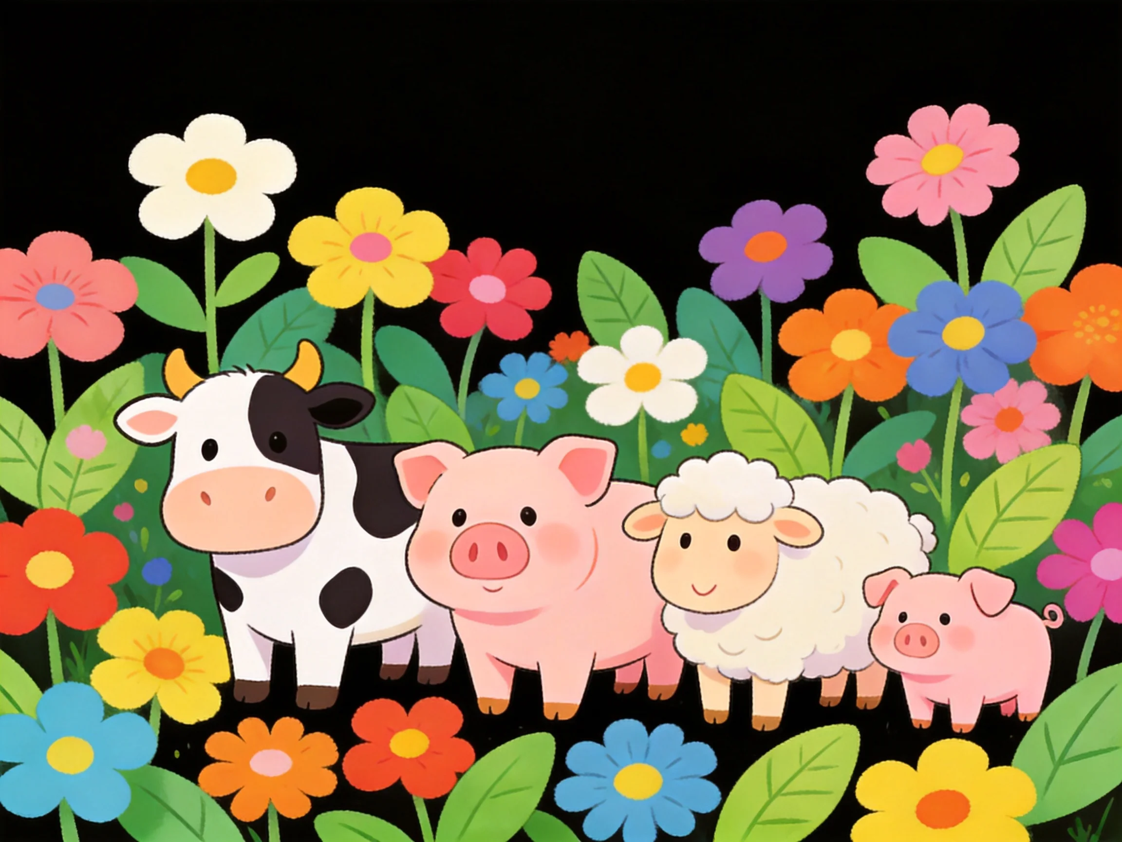 Farm animals gathered amid vibrant, multicolored flowers