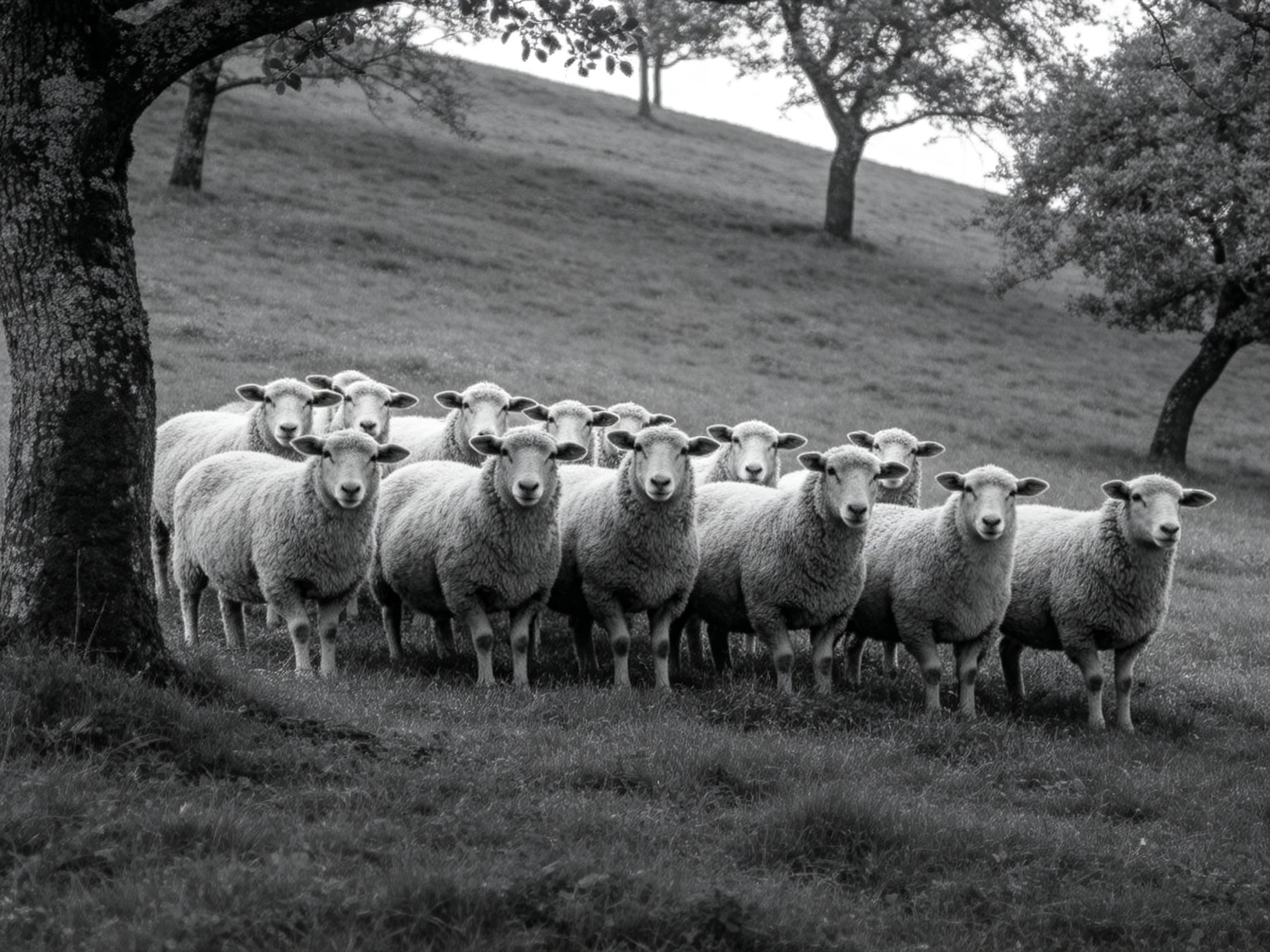 Fifteen sheep gathered in a rural pasture near trees