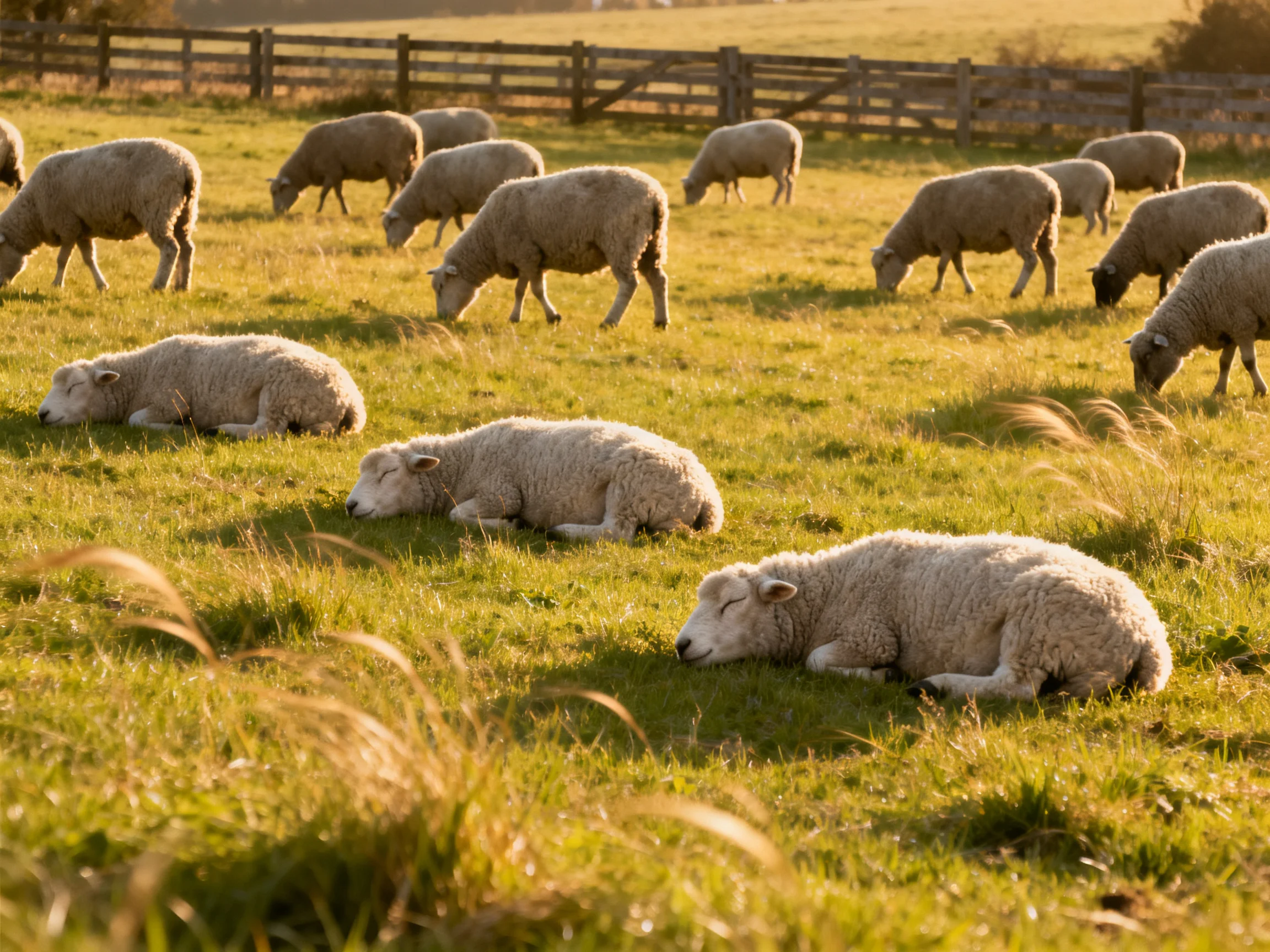 Fifteen sheep graze and rest in golden-hued pastoral field with wooden fence