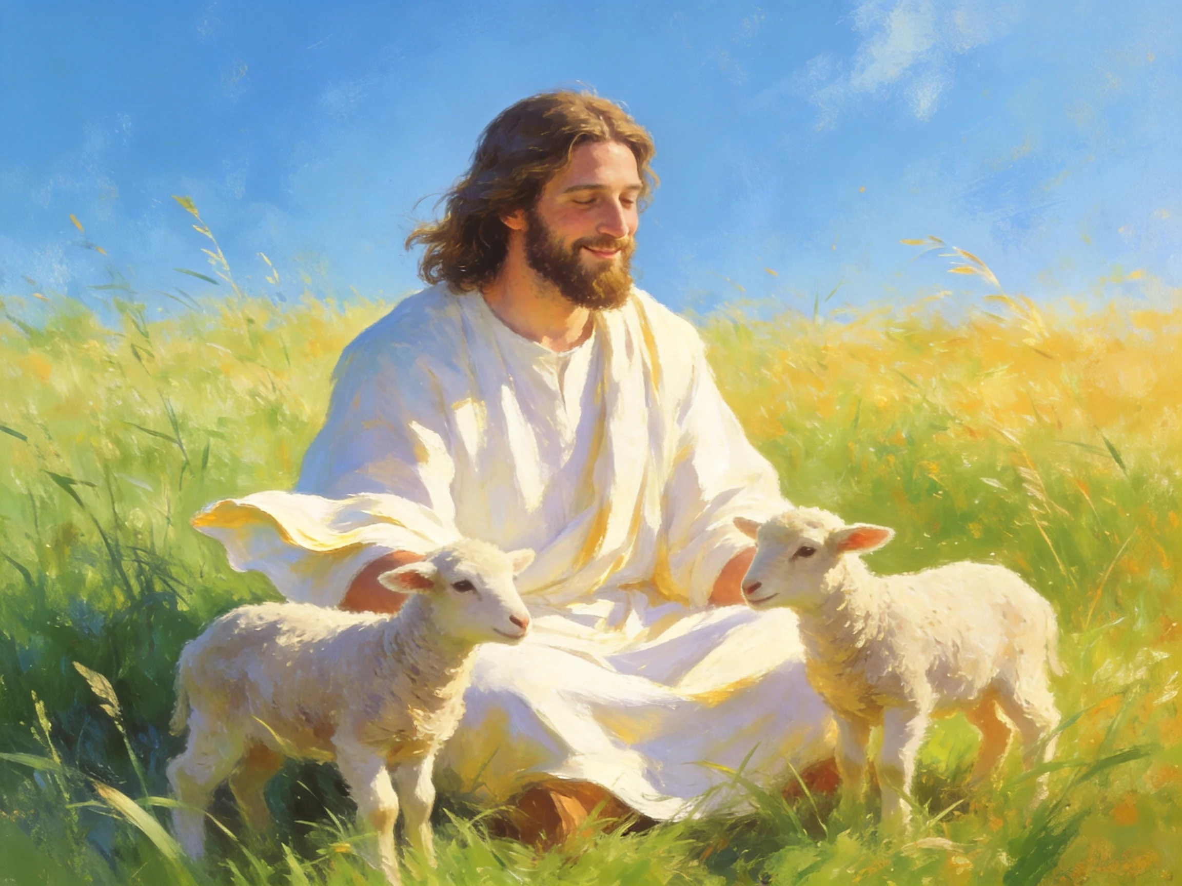 Figure in white robe with two lambs in sunlit meadow