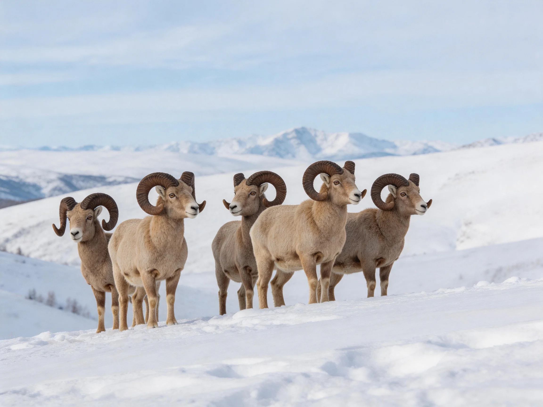 Five bighorn sheep stand together on a snow-covered mountain slope