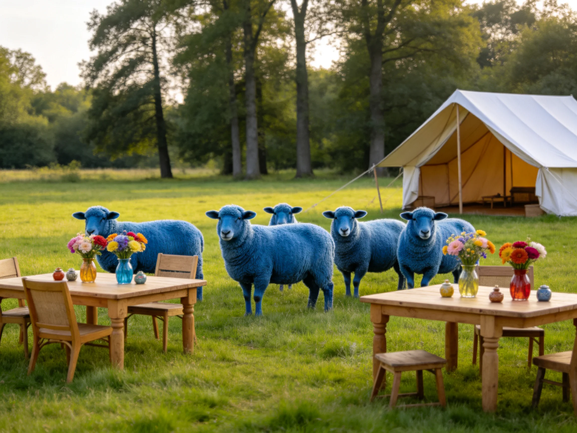Five blue sheep gather near wooden tables with flowers beside a white tent in a grassy field.