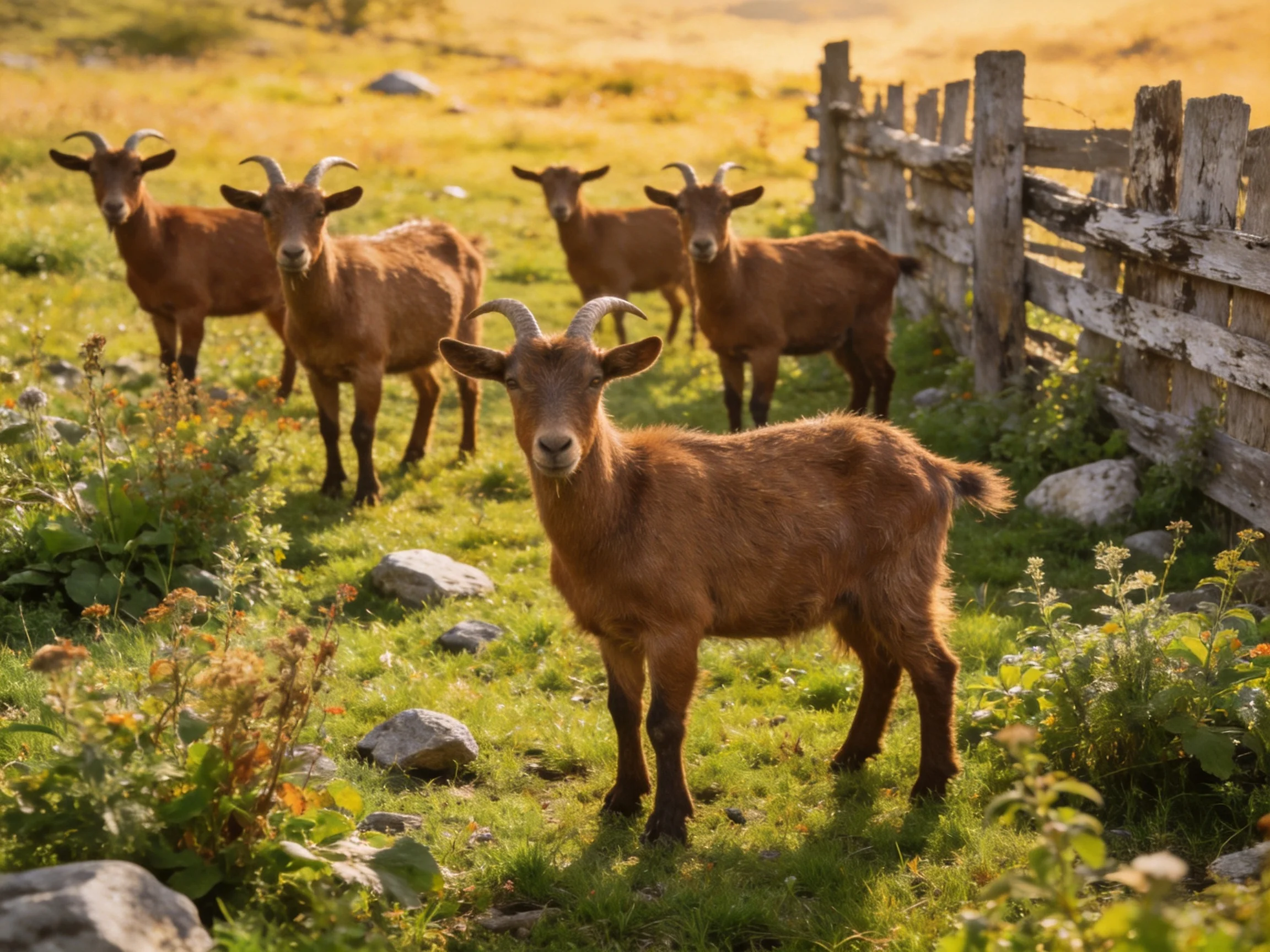 Five brown goats near an aged wooden fence in a sunlit pasture