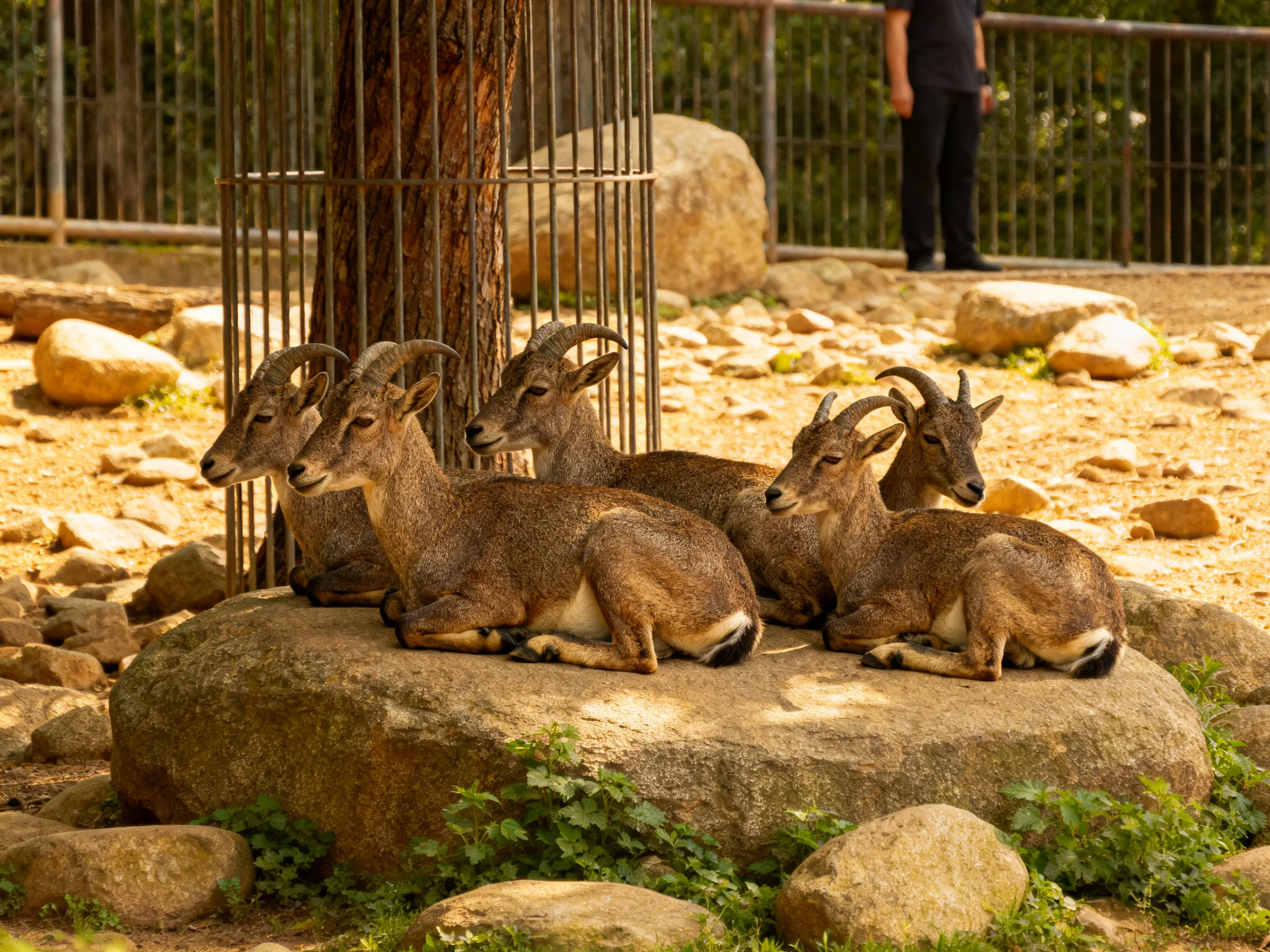 Five brown goats rest on a large rocknear a tree enclosure