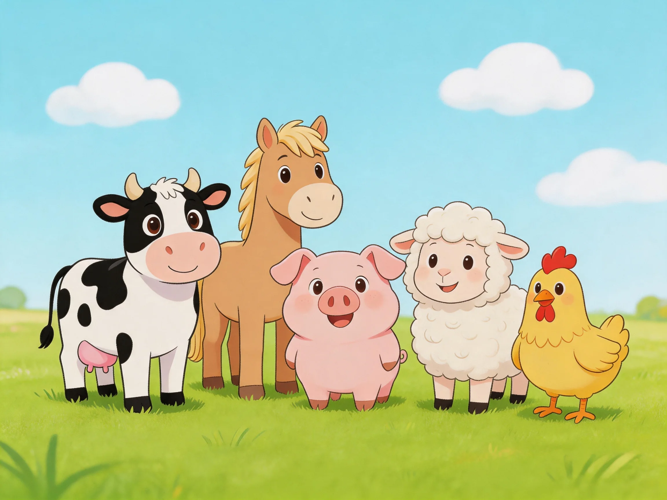 Five cartoon farm animals in a sunny meadow