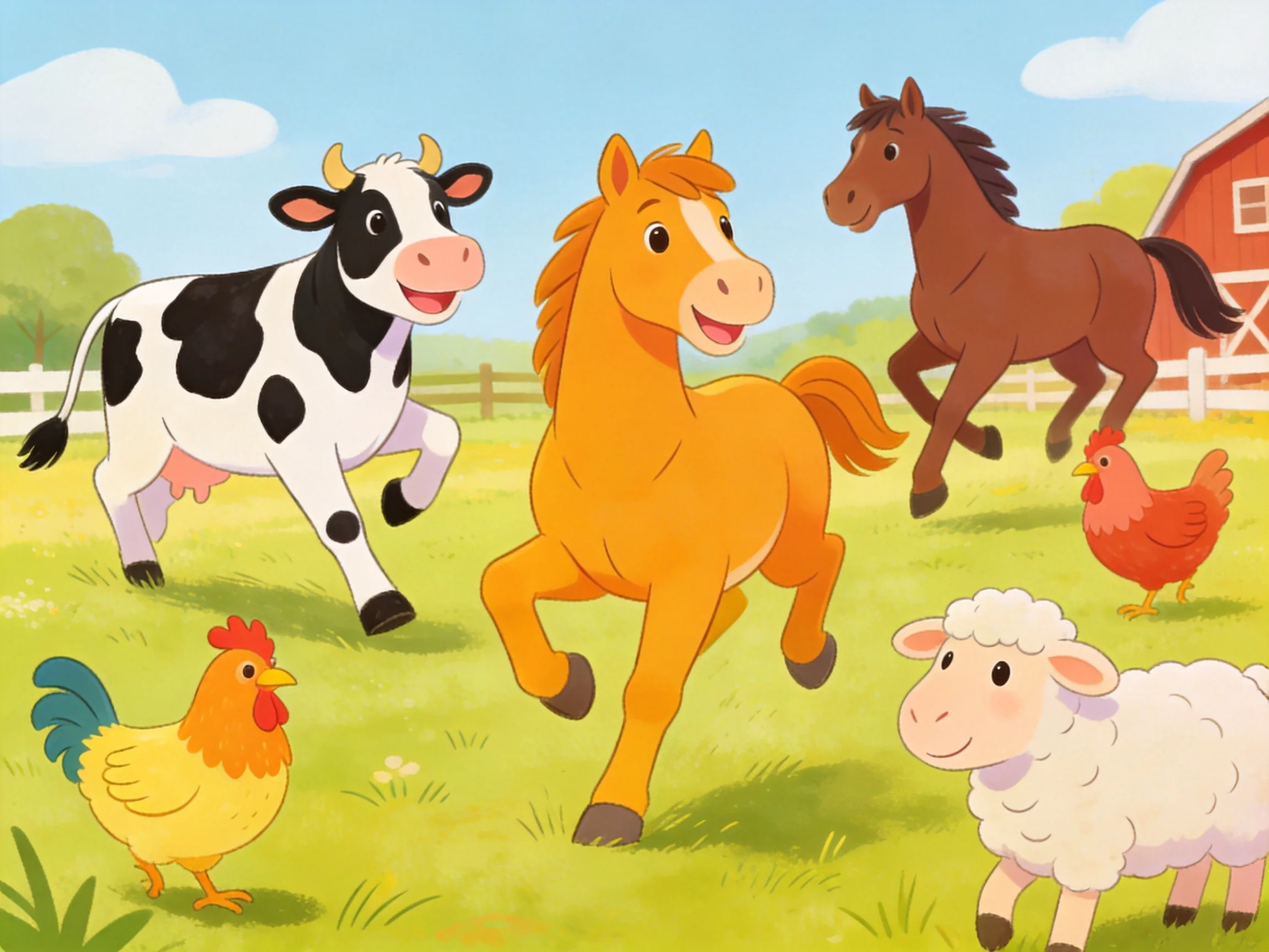 Five colorful farm animals playing in sunny meadow