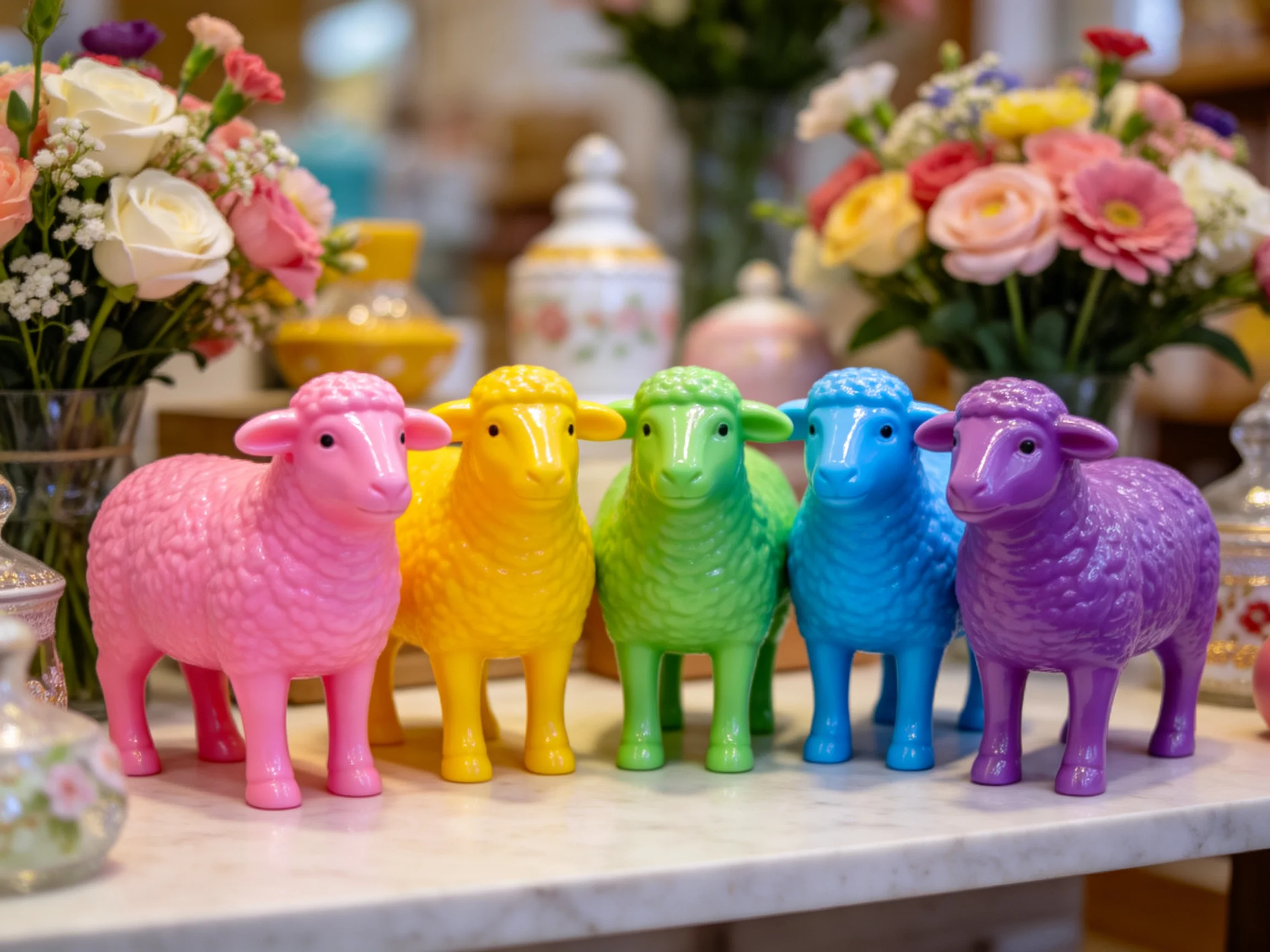 Five colorful plastic sheep figurines on a table with flower arrangements