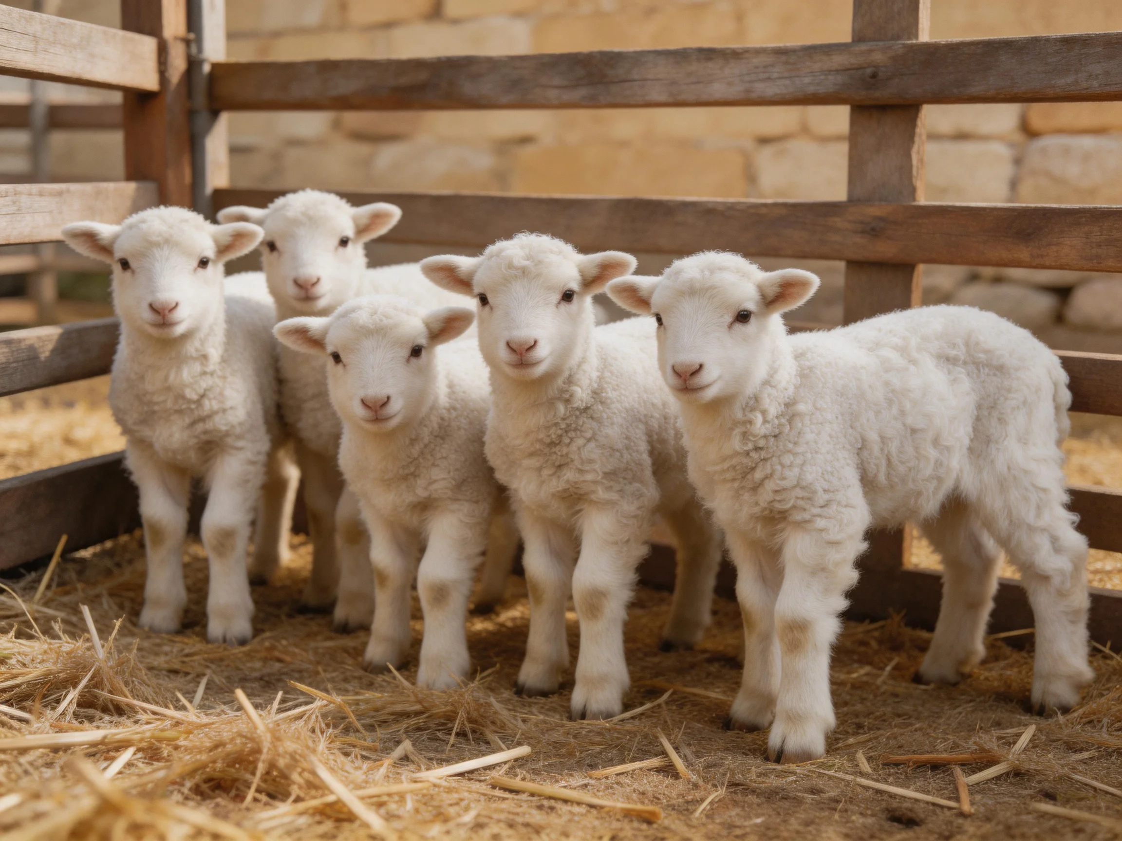 Five fluffy white lambs gather near a wooden fence with straw