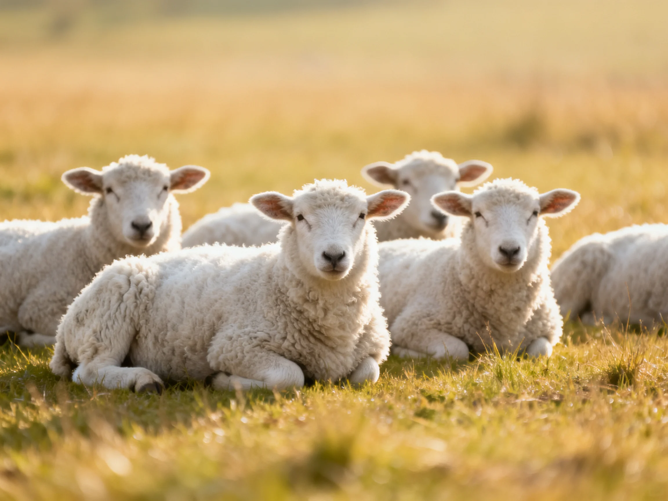 Five fluffy white lambs rest peacefully in a sun-drenched pasture.