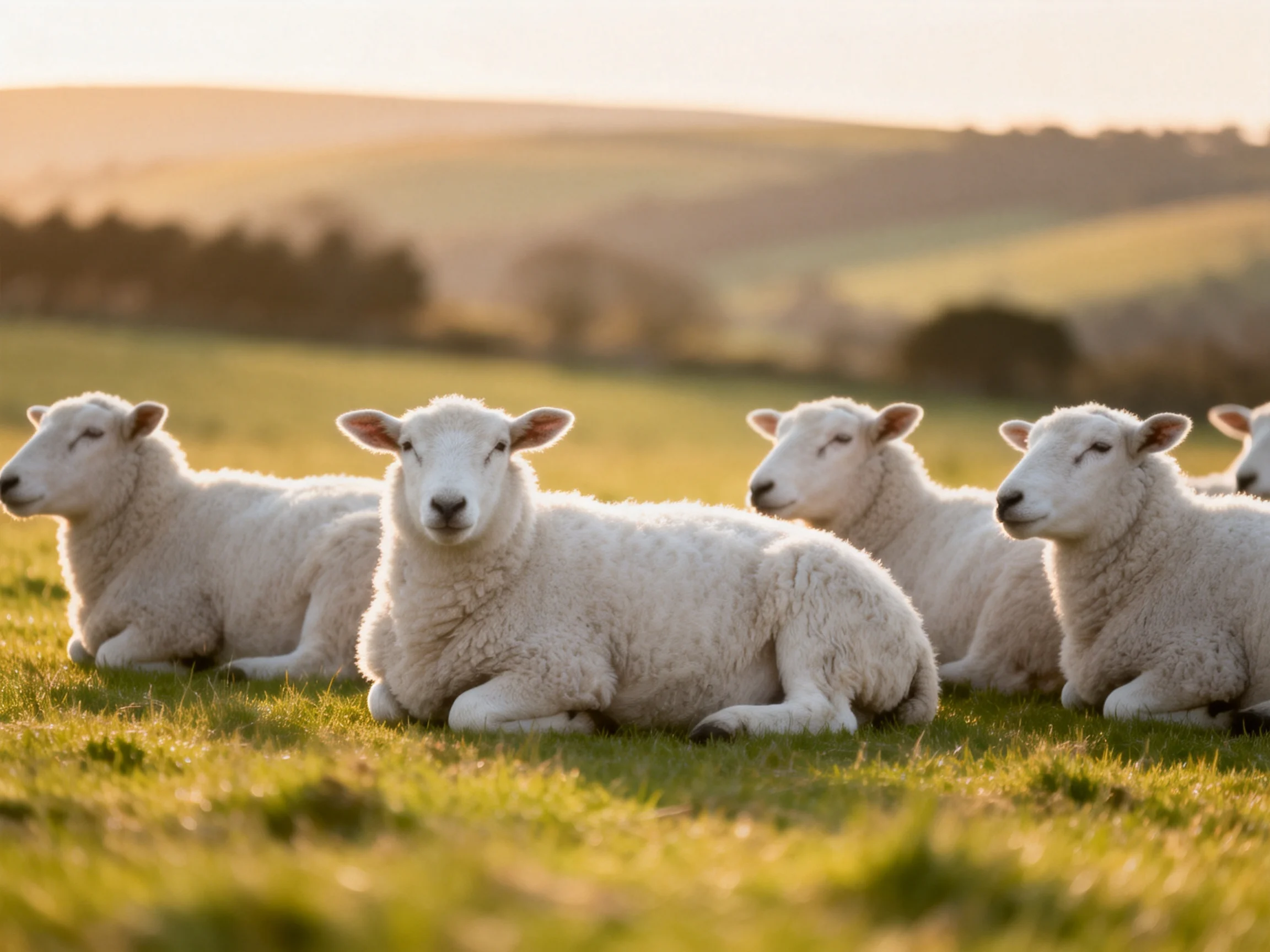 Five fluffy white lambs resting in a sunlit green meadow