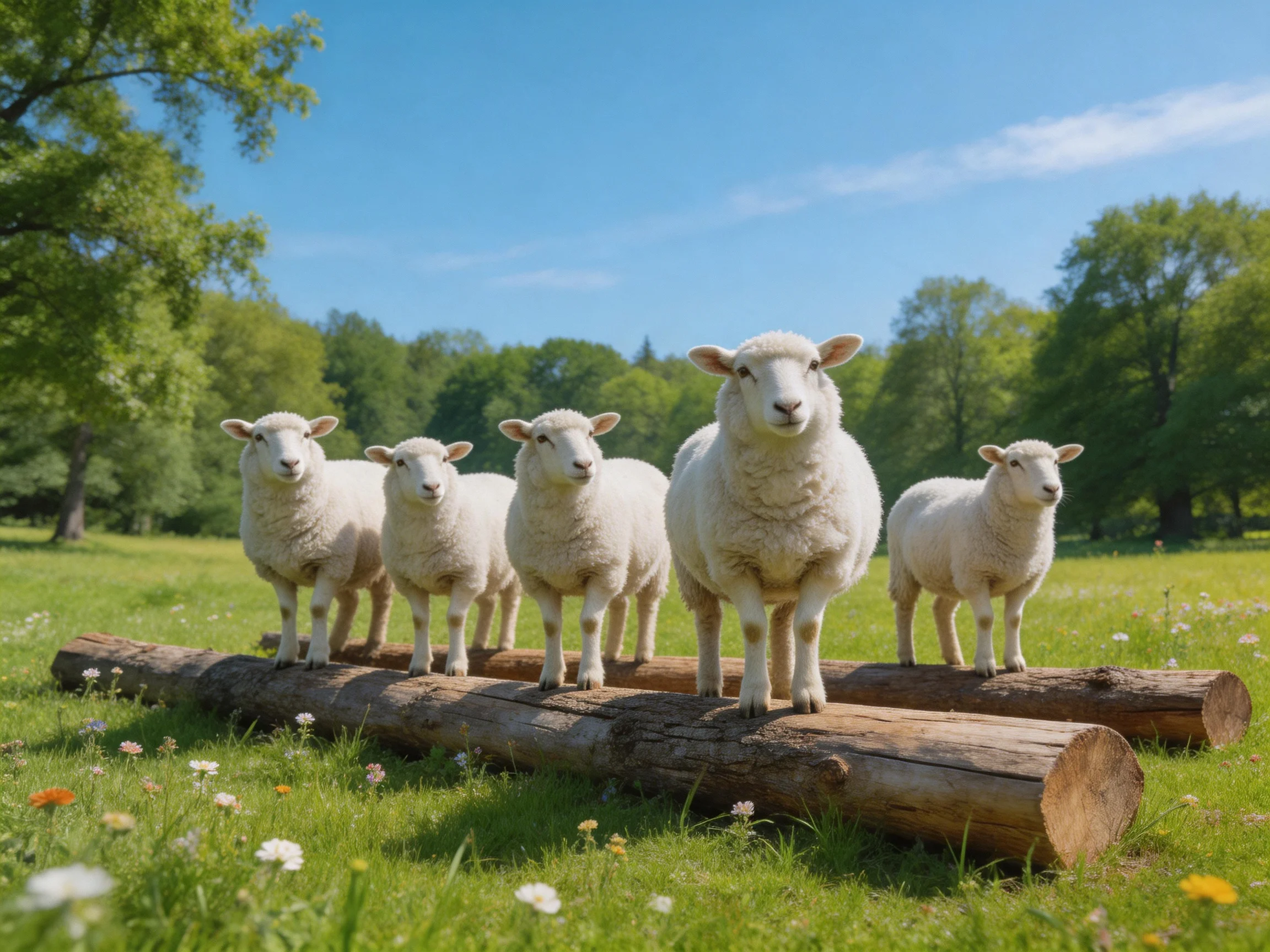 Five fluffy white lambs stand on wooden logs in a green meadow
