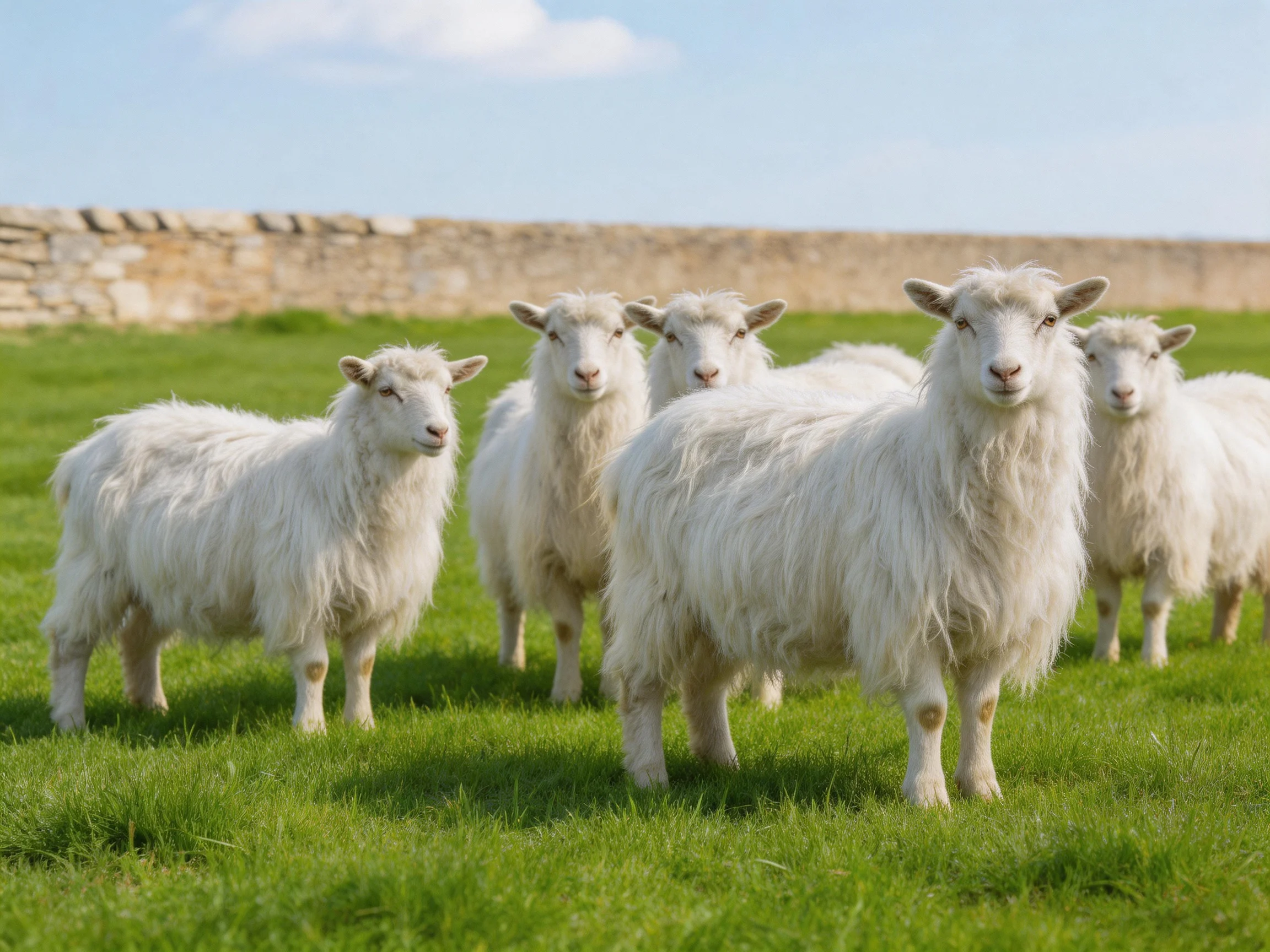 Five fluffy white sheep in a green pasture near a stone wall