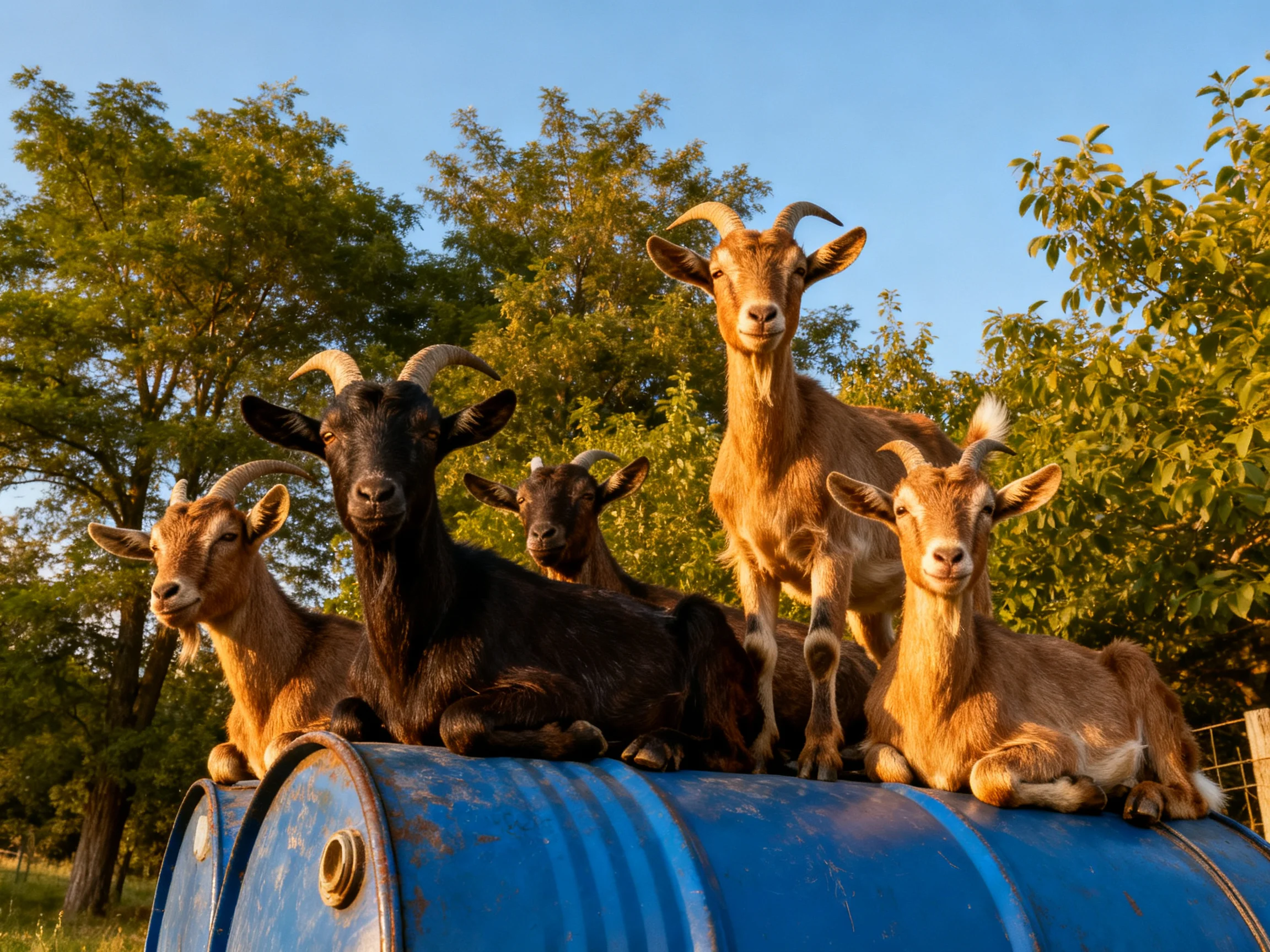 Five goats of varied colors rest atop blue barrels near leafy trees