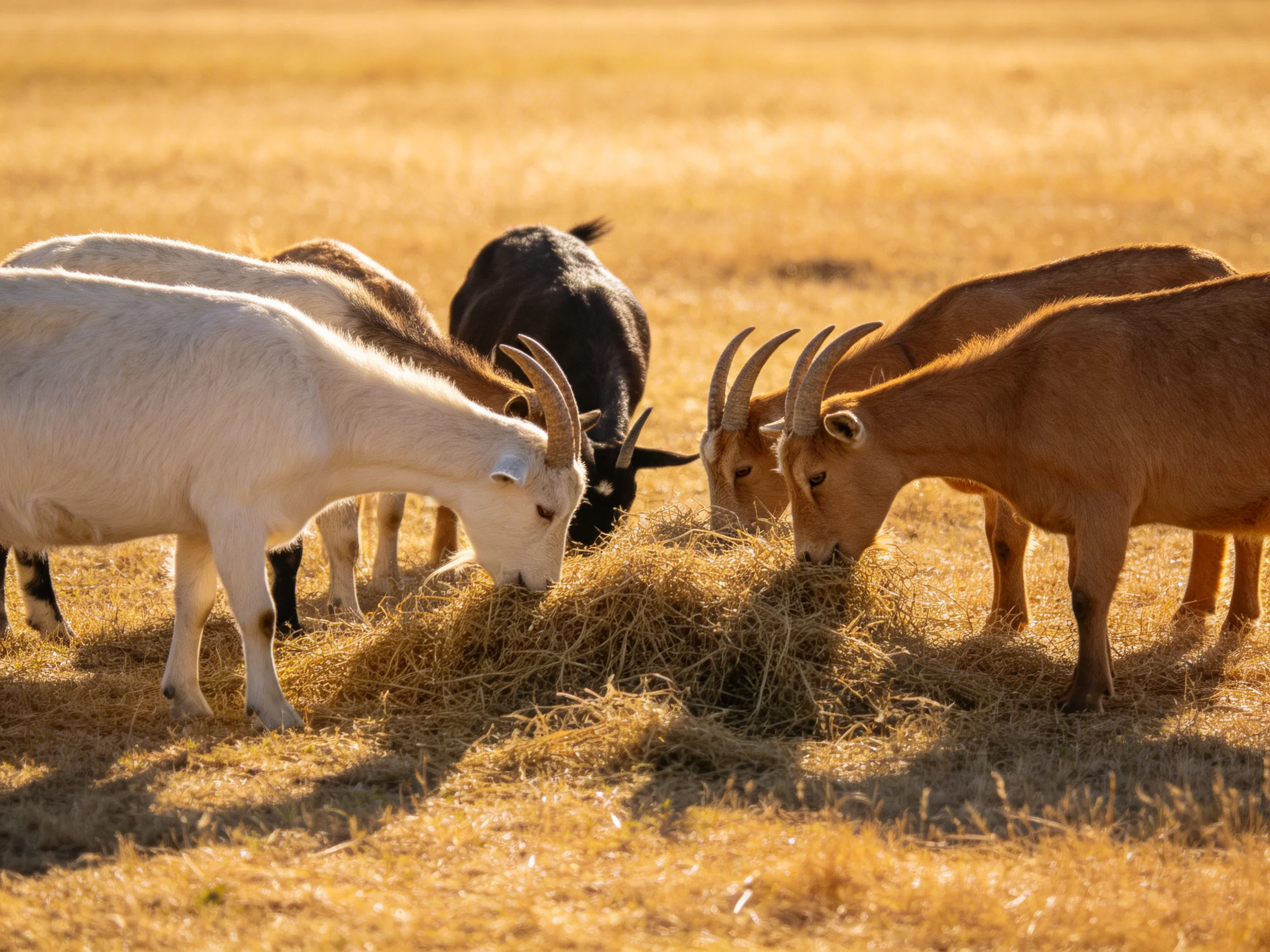 Five goats of varied hues feast on hay in a sunlit field
