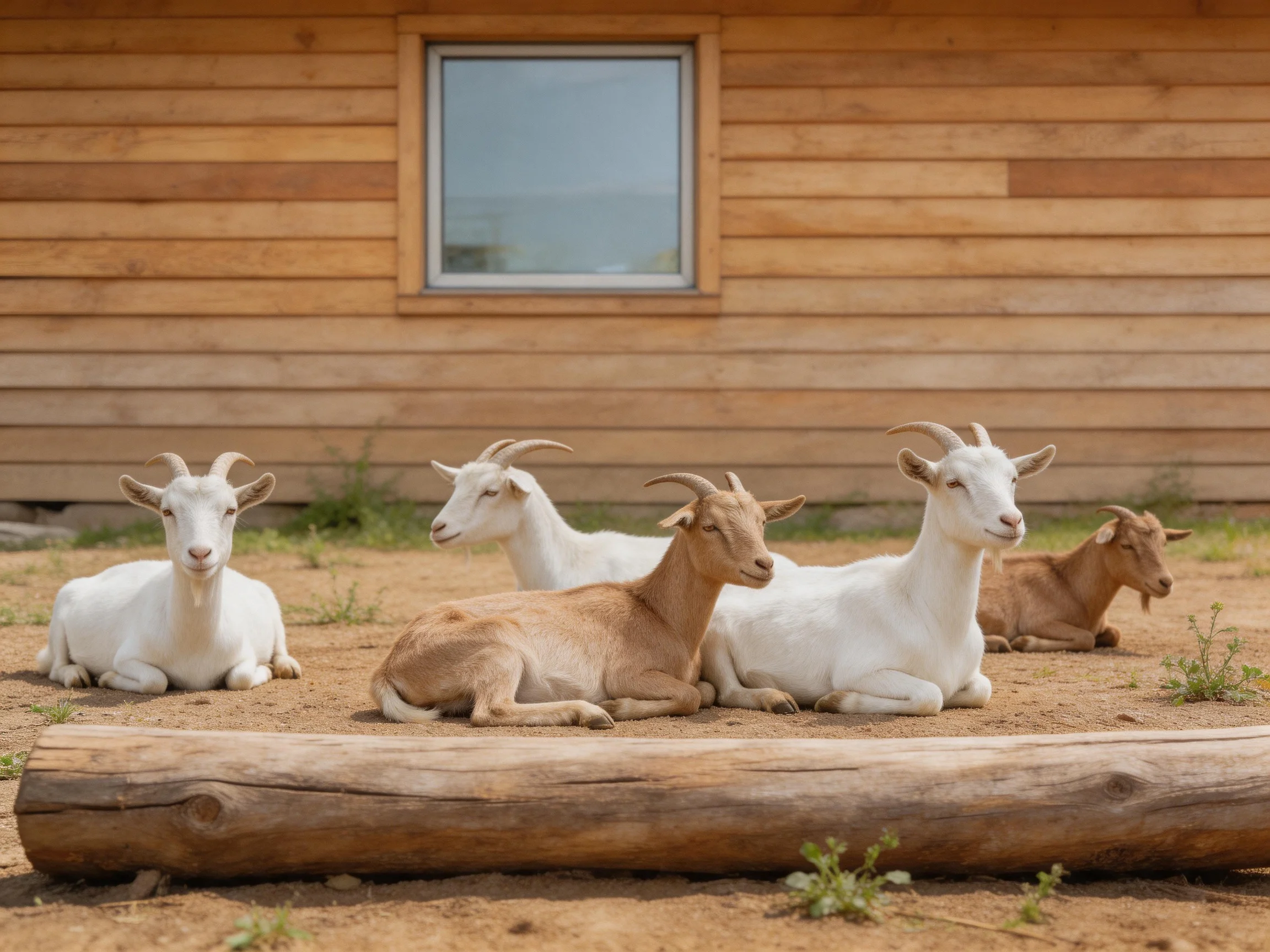 Five goats rest near a wooden cabin with a log
