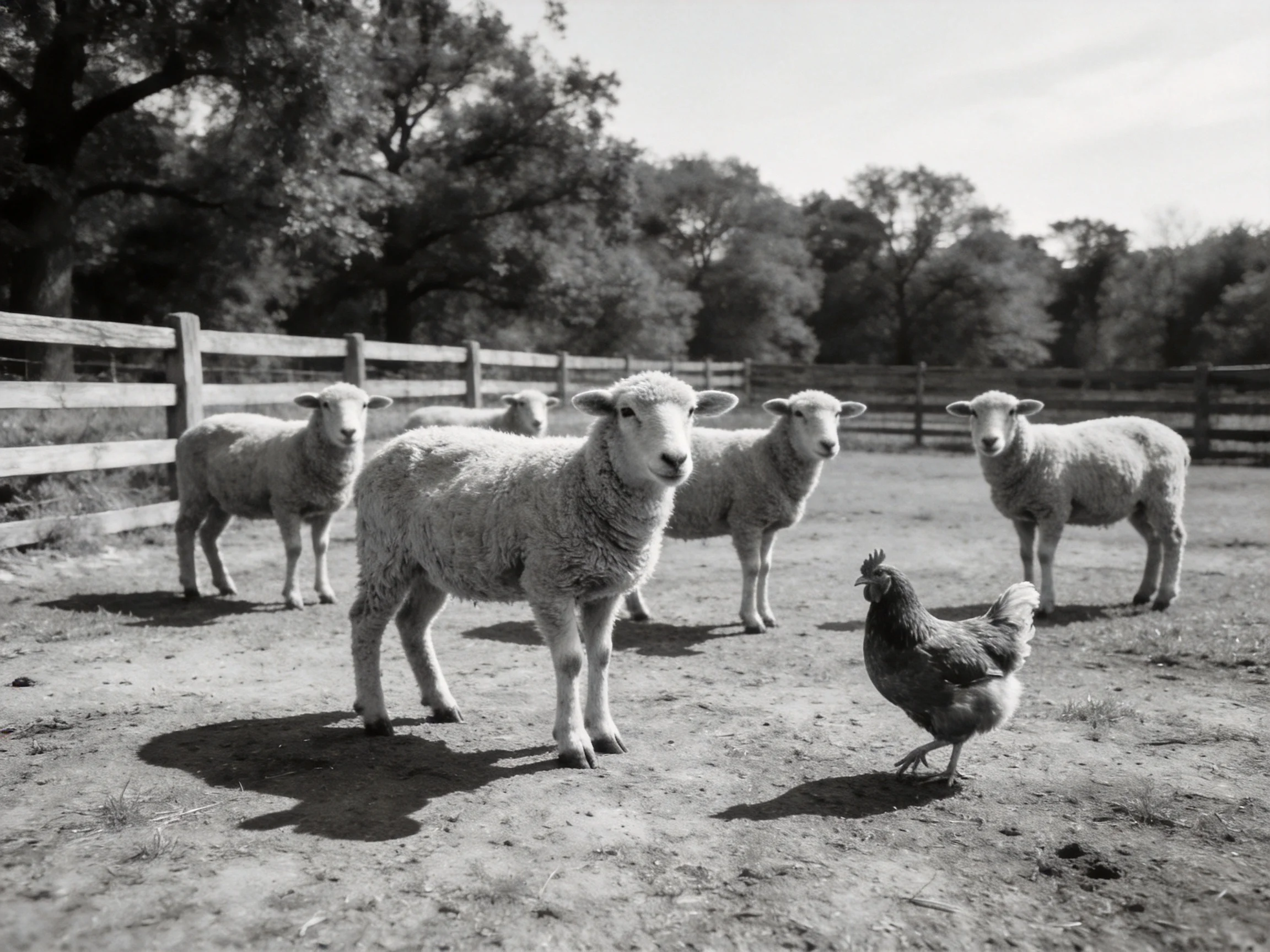 Five sheep and one chicken in a fenced farm enclosure