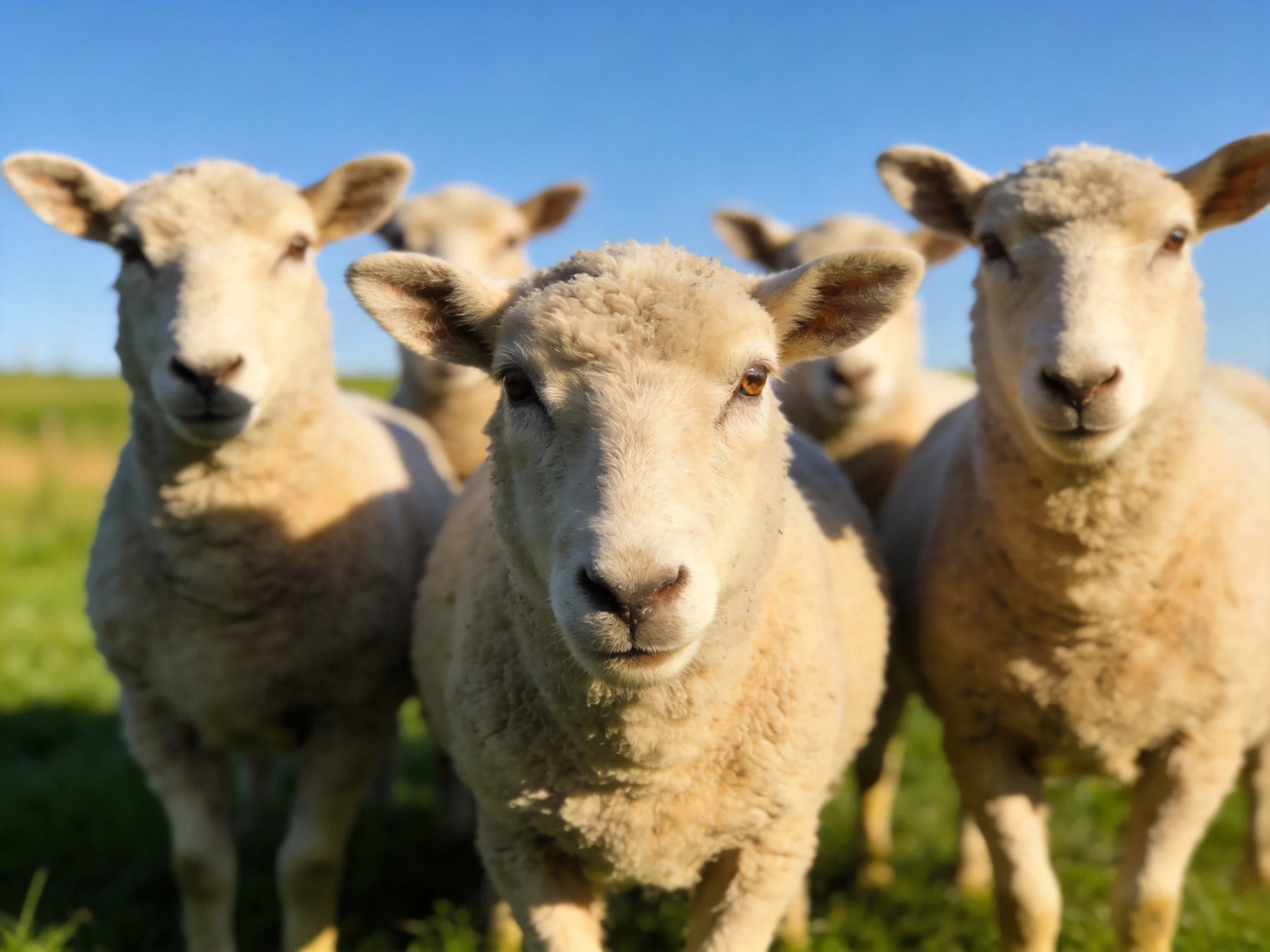 Five sheep gather in a sunlit green pasture under blue sky