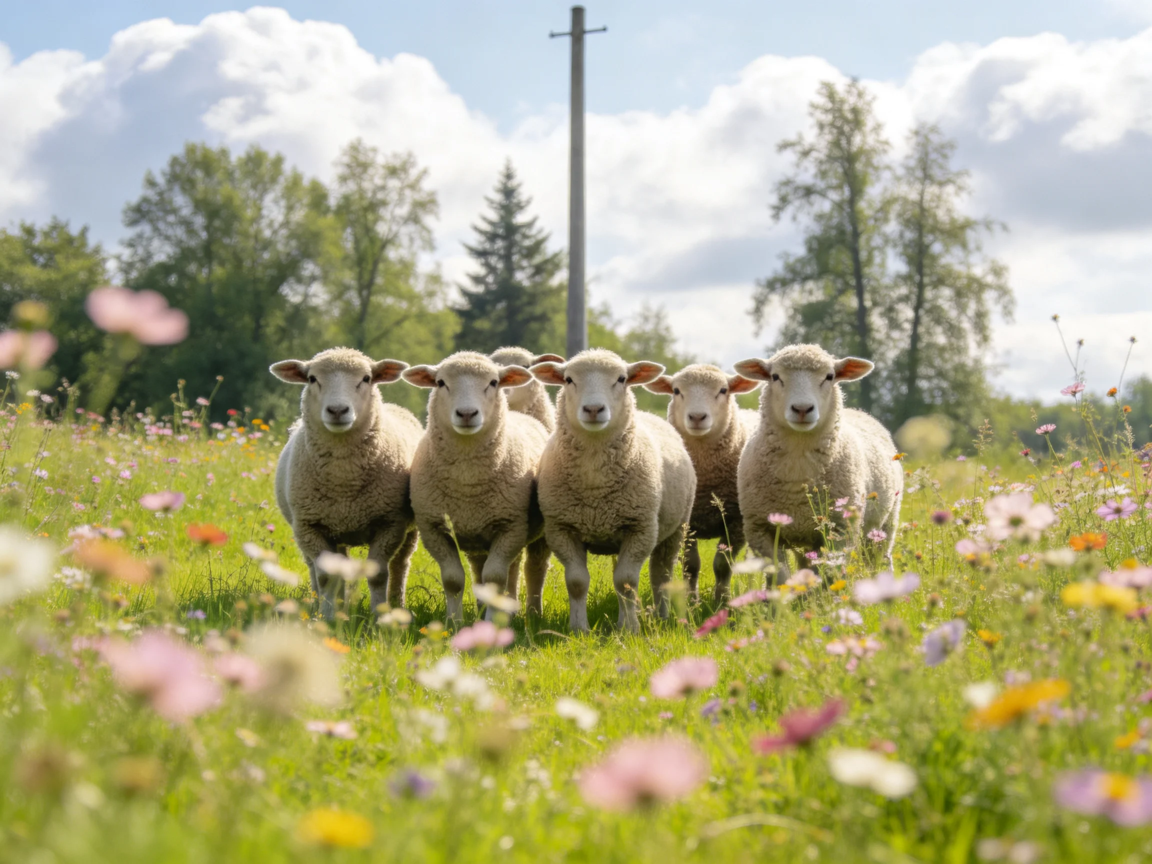 Five sheep gather in a vibrant flower-filled pasture