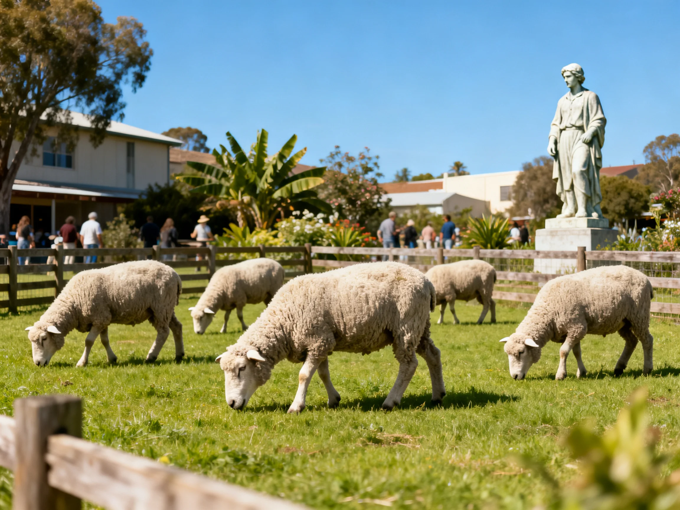 Sheep graze in a sunny park with a stone statue nearby