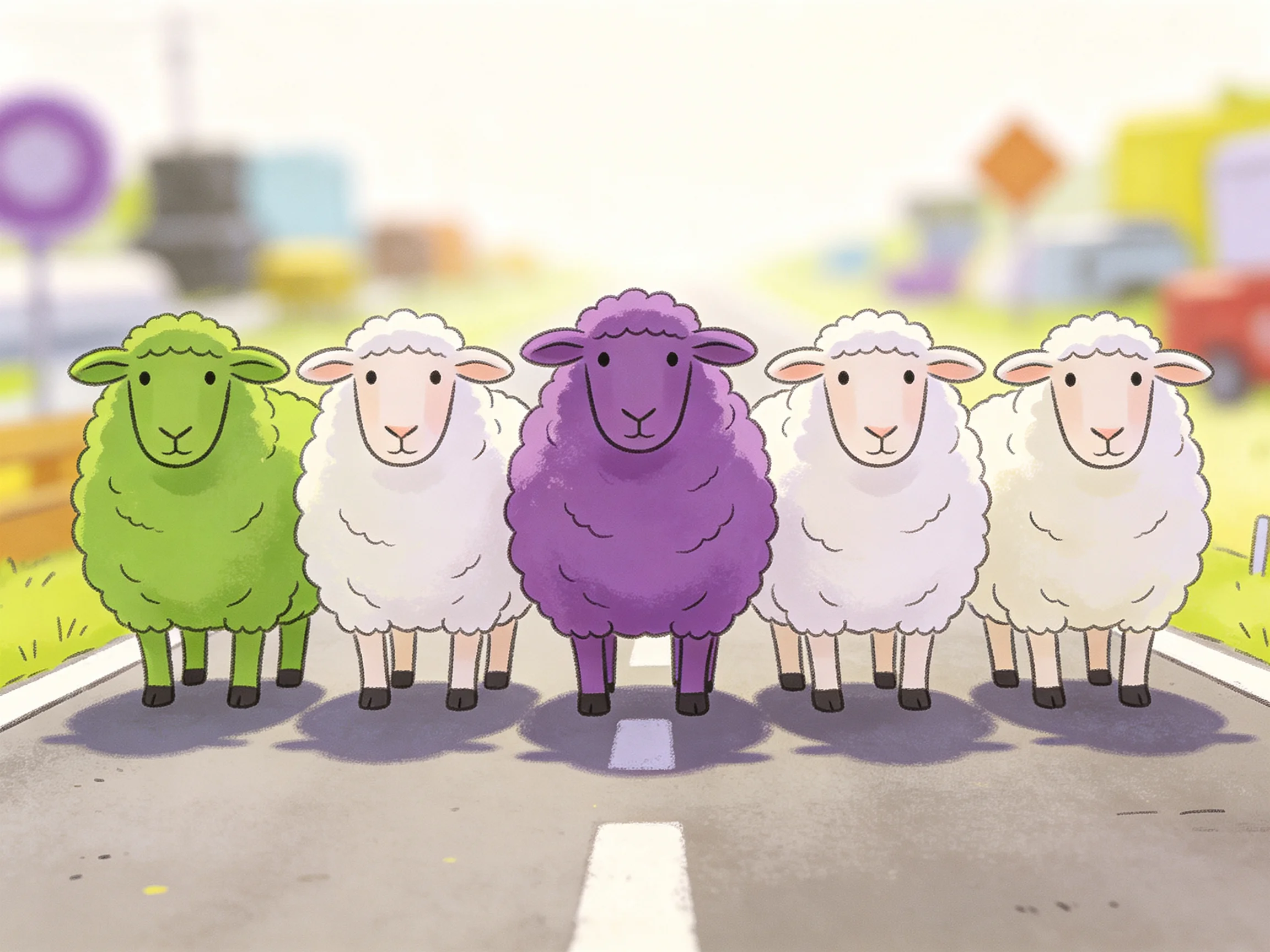 Five sheep of varied colors stand together on a road