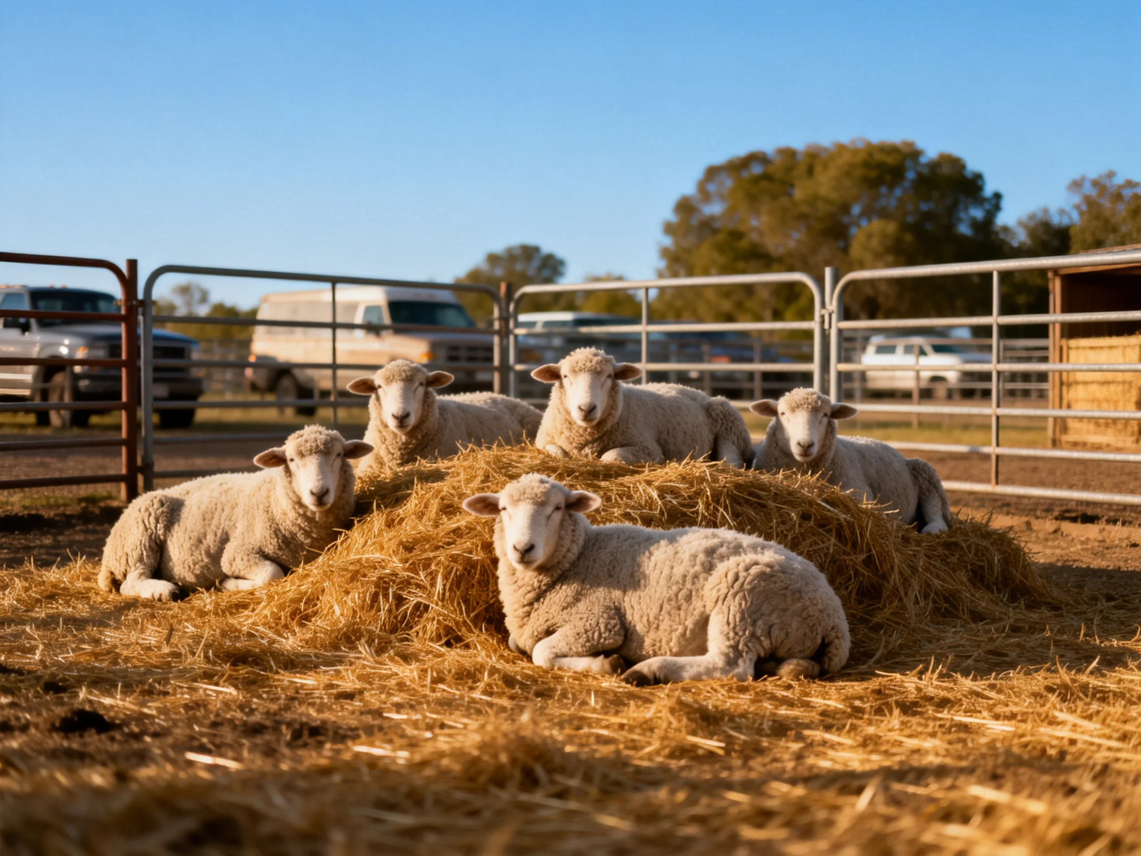 Five sheep rest on golden hay in a farm enclosure