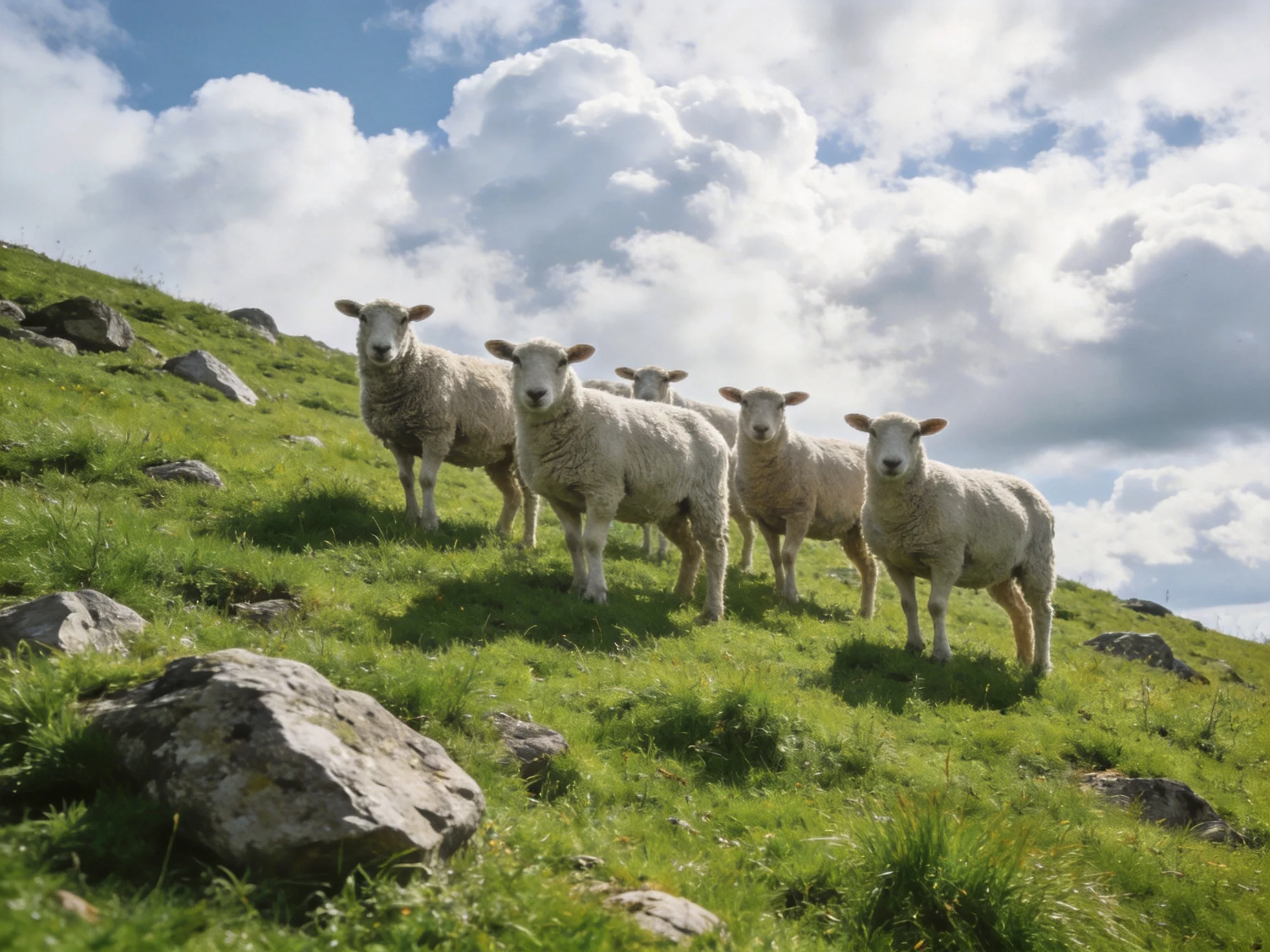 Five sheep stand on a grassy rocky hill under cloudy sky