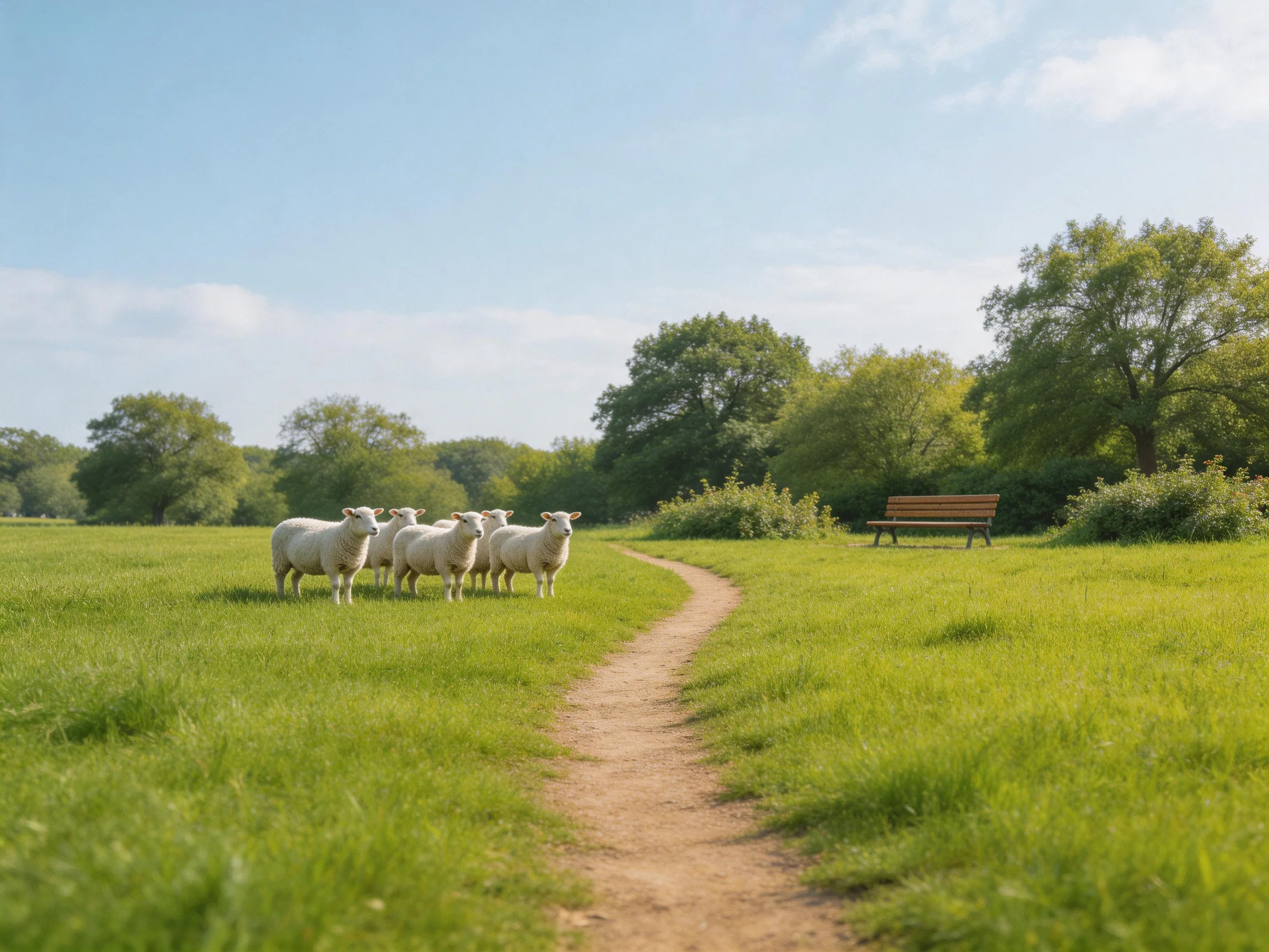 Five white sheep gather near a dirt path in a lush green meadow