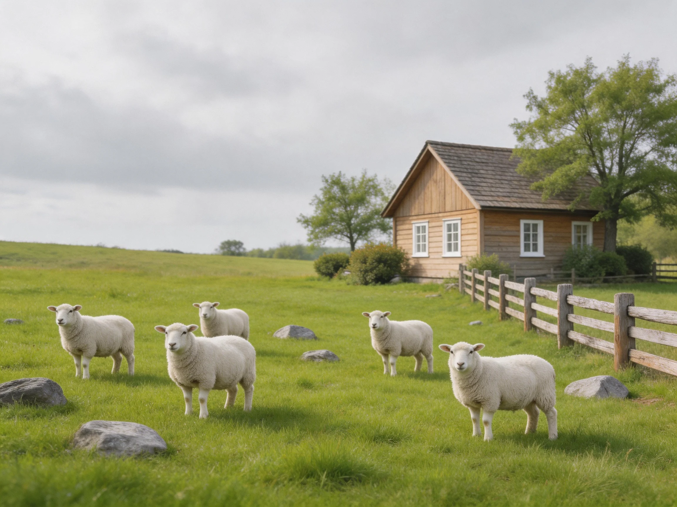 Five white sheep graze near a wooden cottage by a fenced pasture