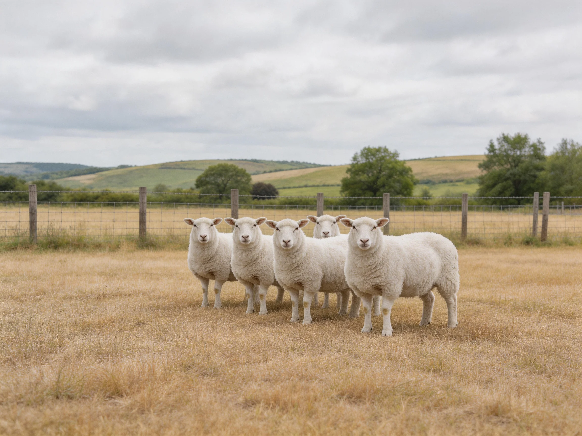 Five white sheep stand in a golden field near wooden fences