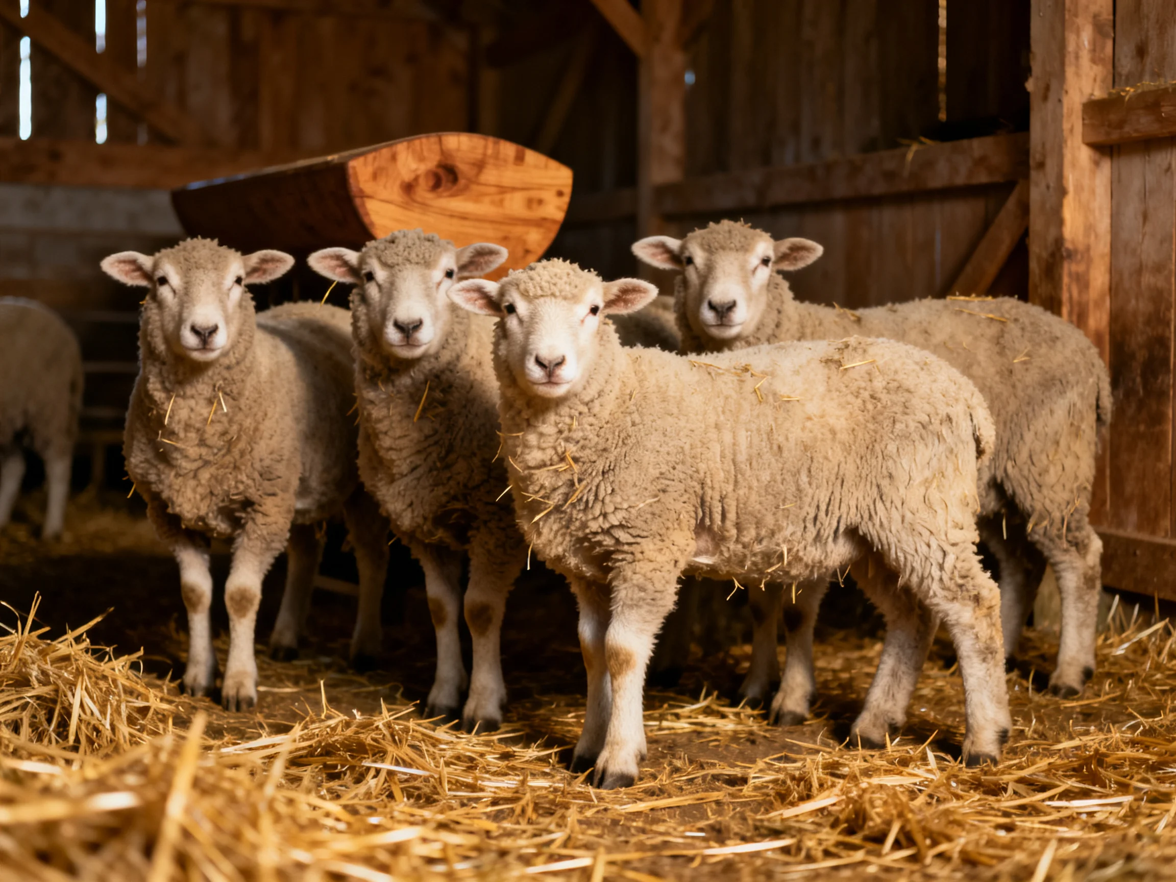 Five woolly lambs in a wooden barn with golden straw