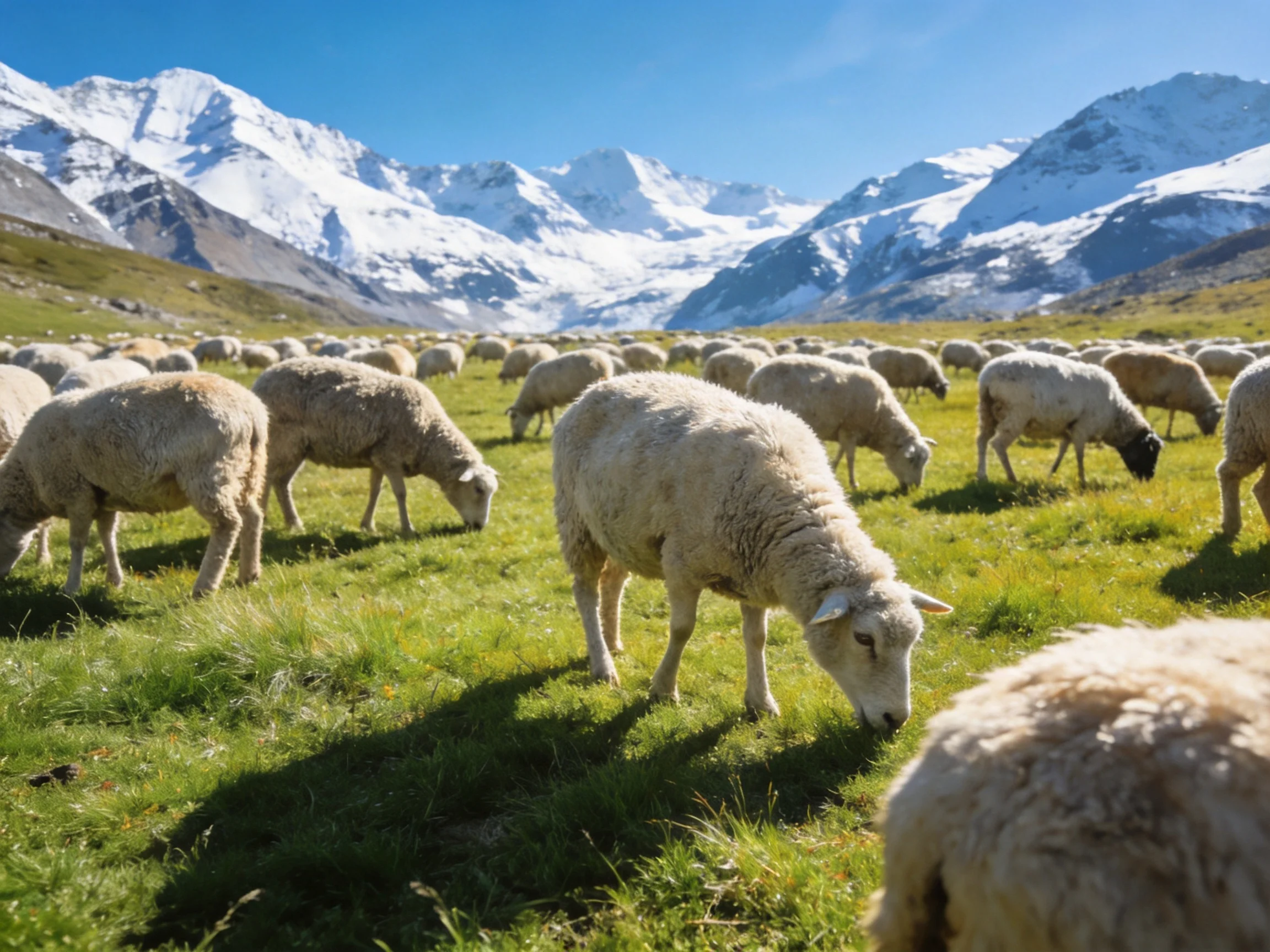 Flock of Sheep Graze in Verdant Meadow by Snow-Capped Mountains