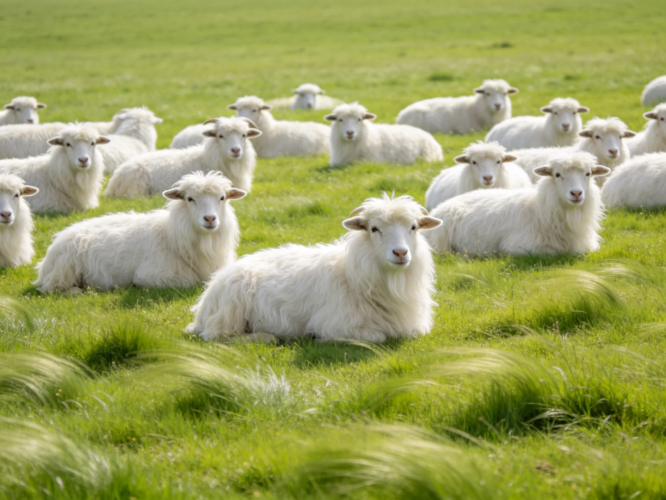 Flock of fluffy white lambs in lush green pasture