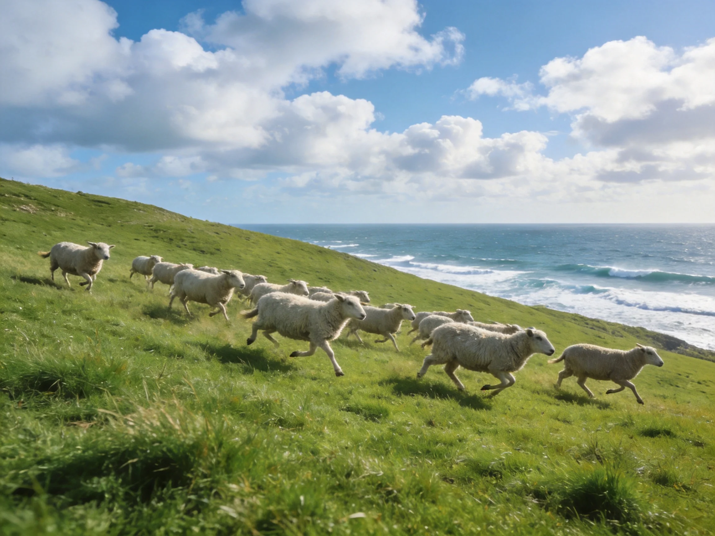 Flock of sheep dashes down green coastal hill by the ocean