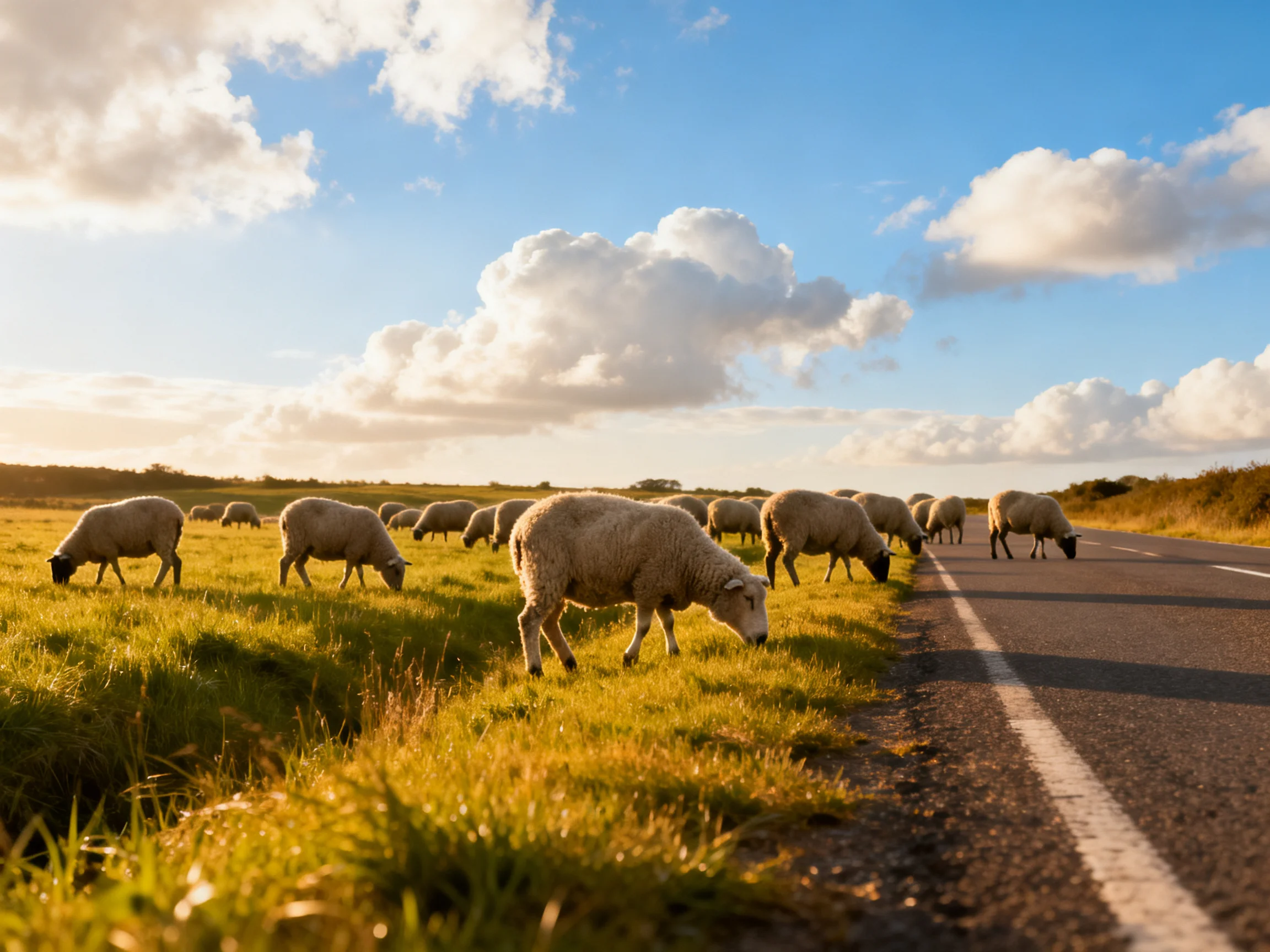 Flock of sheep graze by a sunlit road under blue skies with white clouds