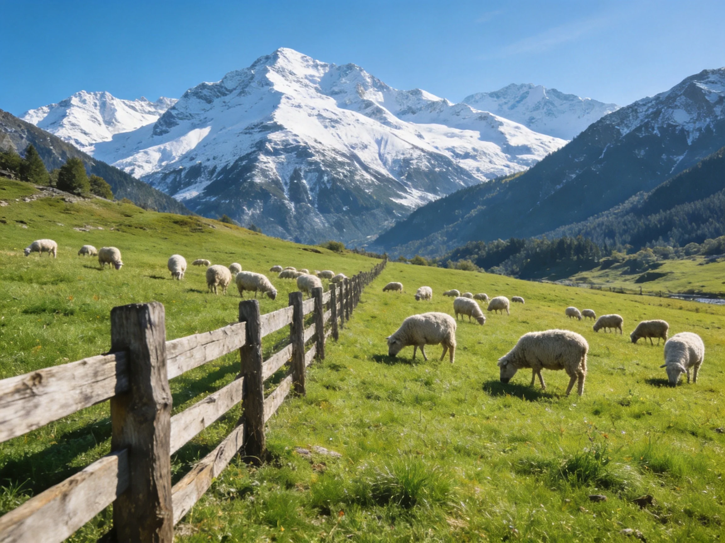 Flock of sheep graze in a green meadow beside snow - capped mountains