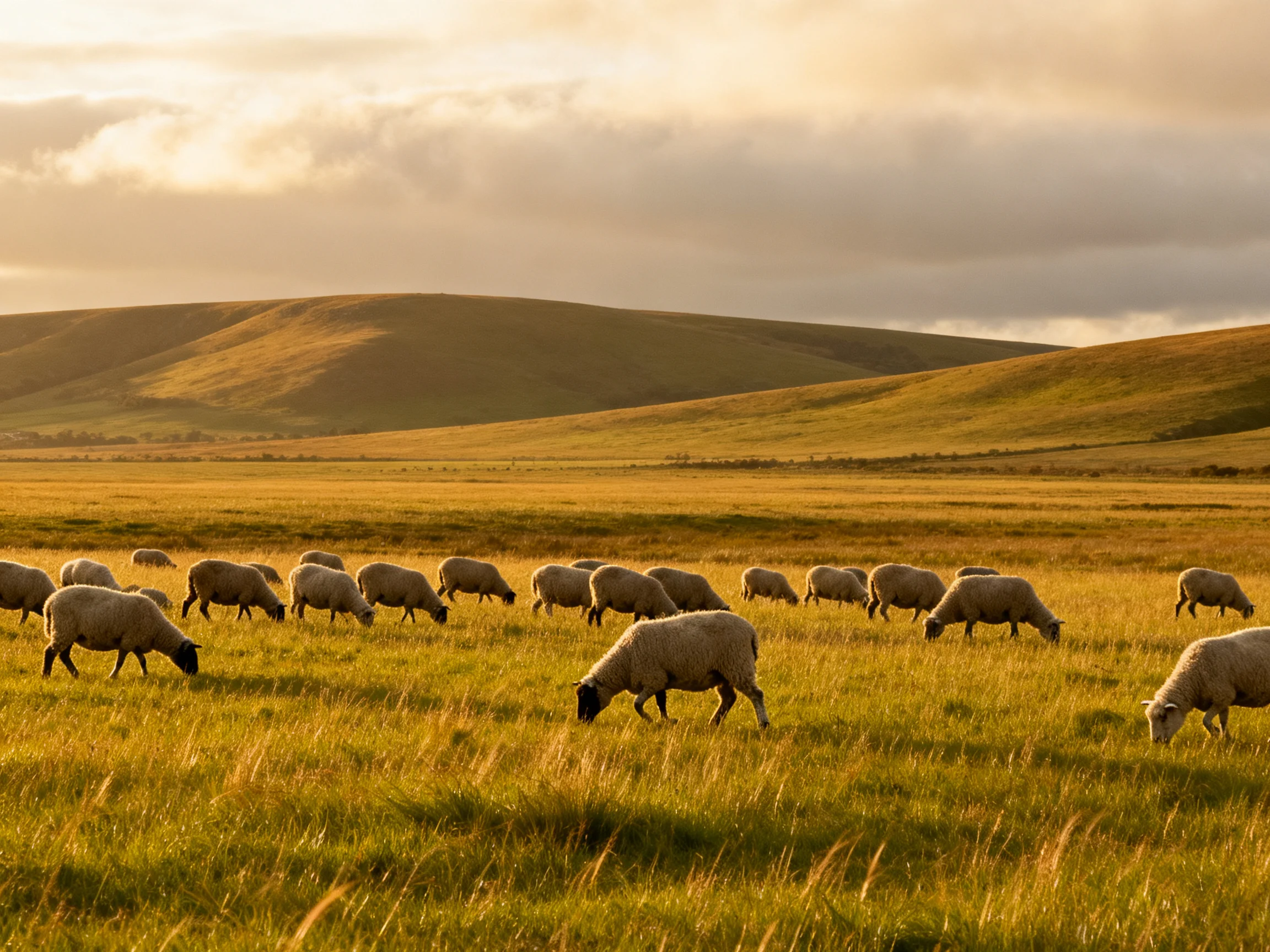 Flock of sheep graze in golden meadow with rolling hills under cloudy sky