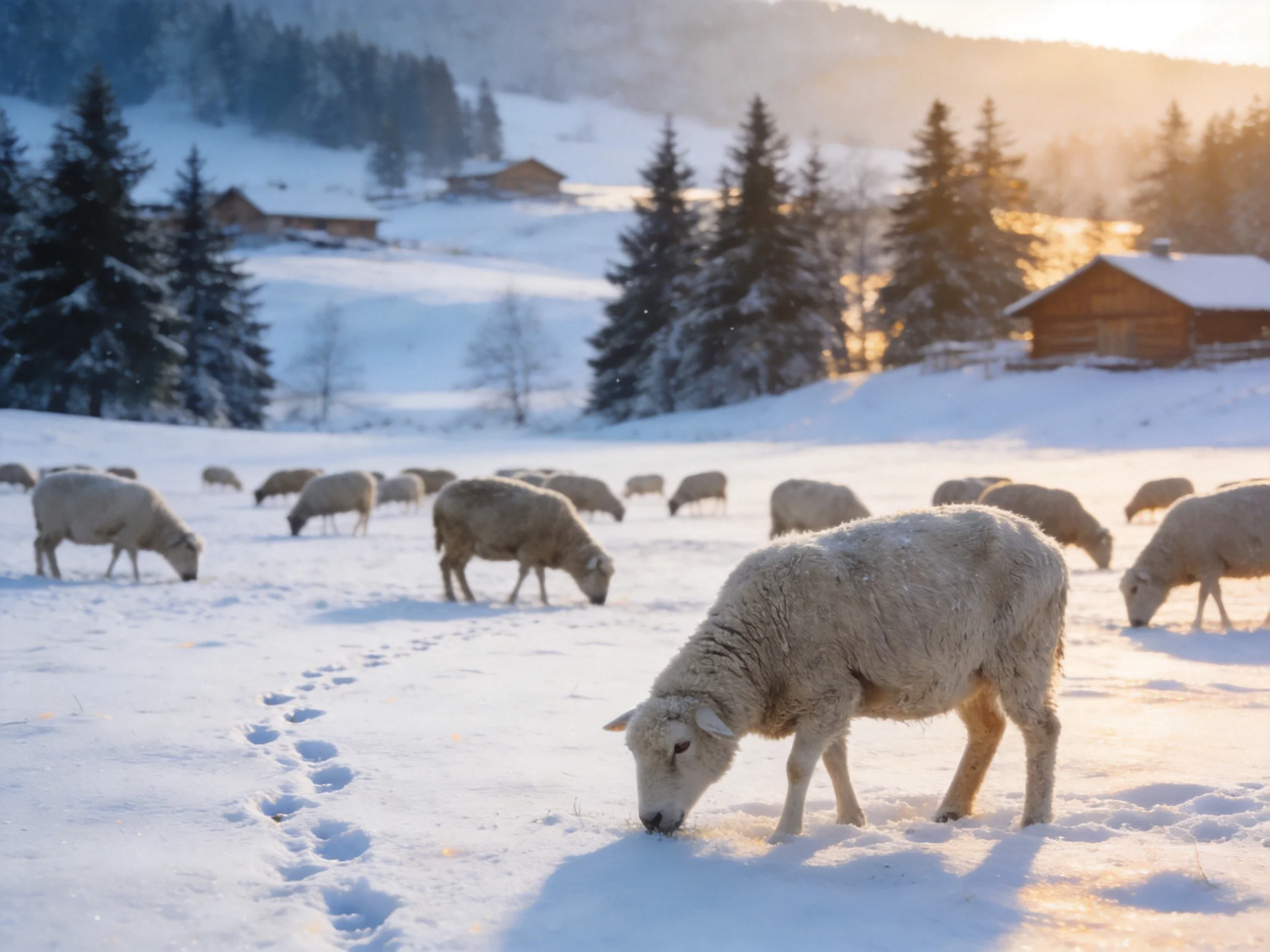 Flock of sheep graze in snowy mountain meadow near wooden cabins