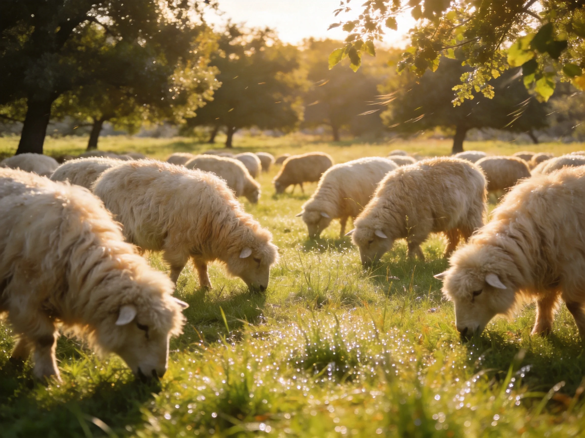 Flock of sheep graze in sun-drenched meadow with lush green grass