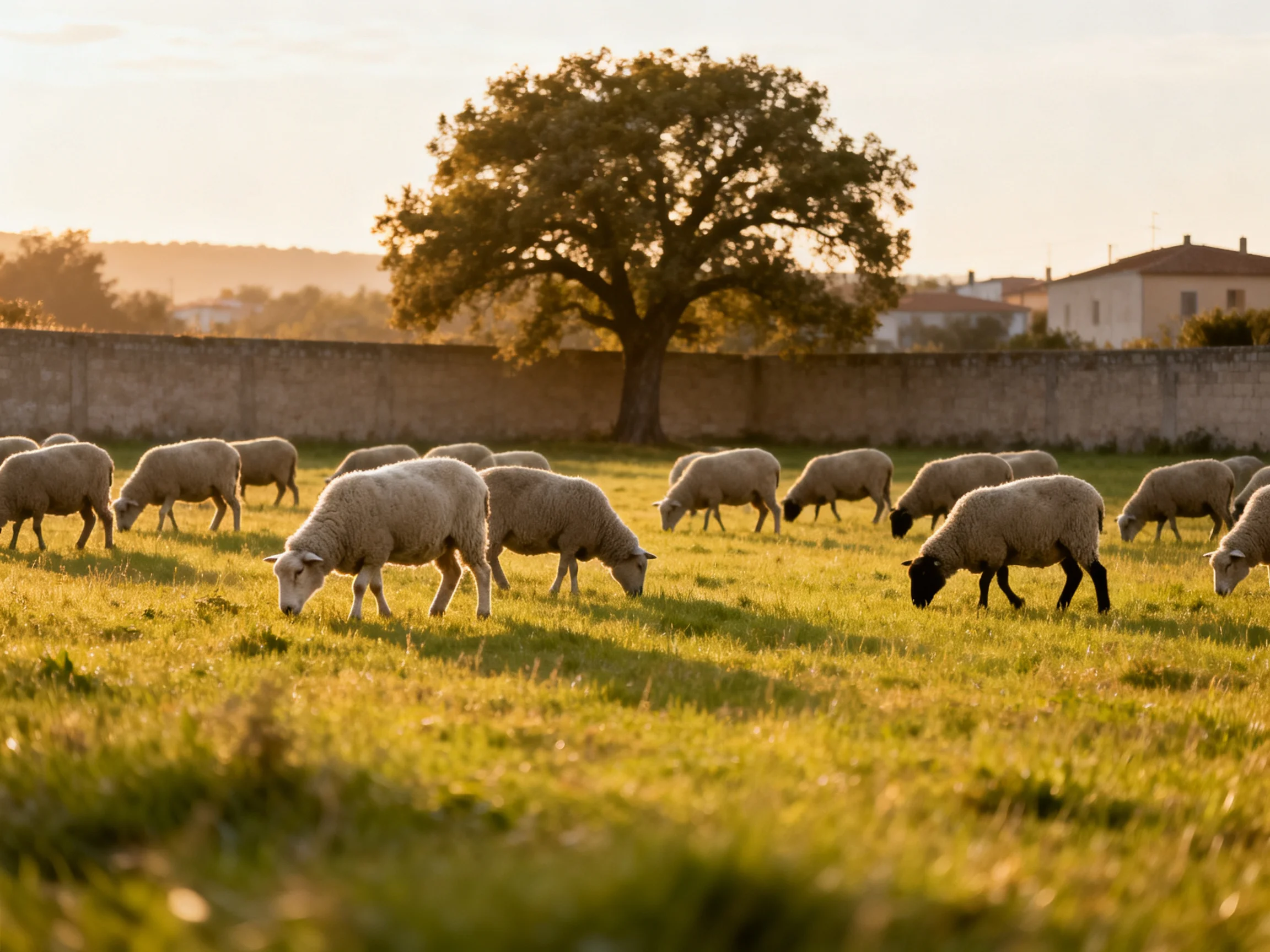 Flock of sheep graze in sunlit field with ancient tree and stone wall