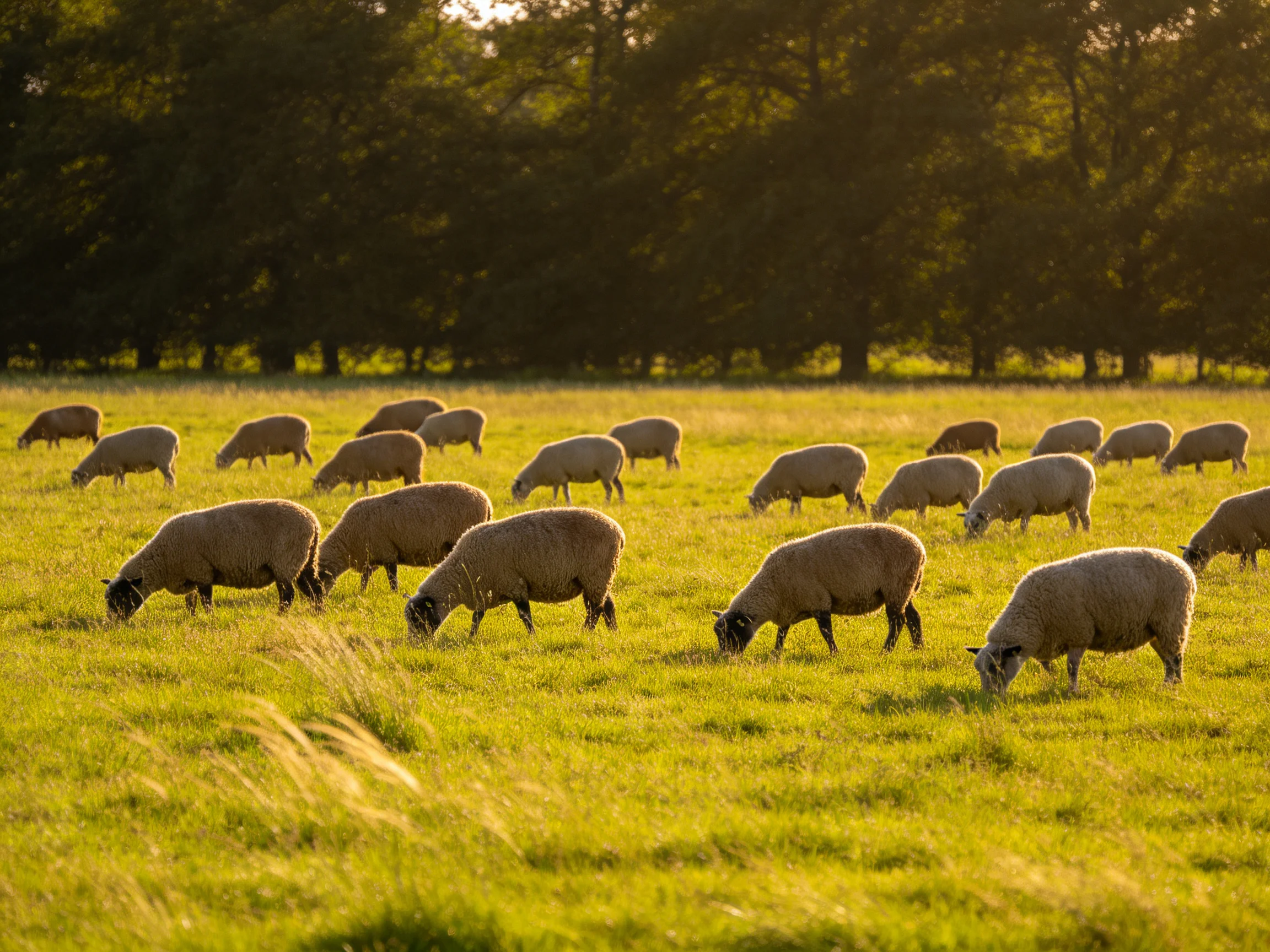 A flock of sheep grazes in a sunlit green pasture near dark trees.