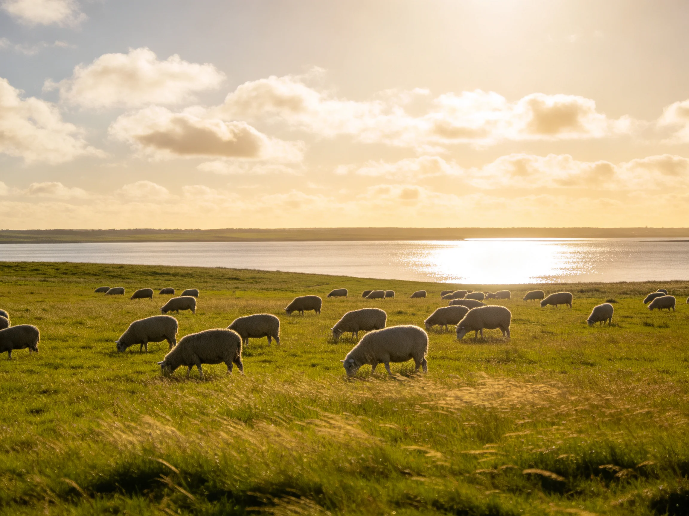Flock of sheep graze in sunlit meadow near calm water