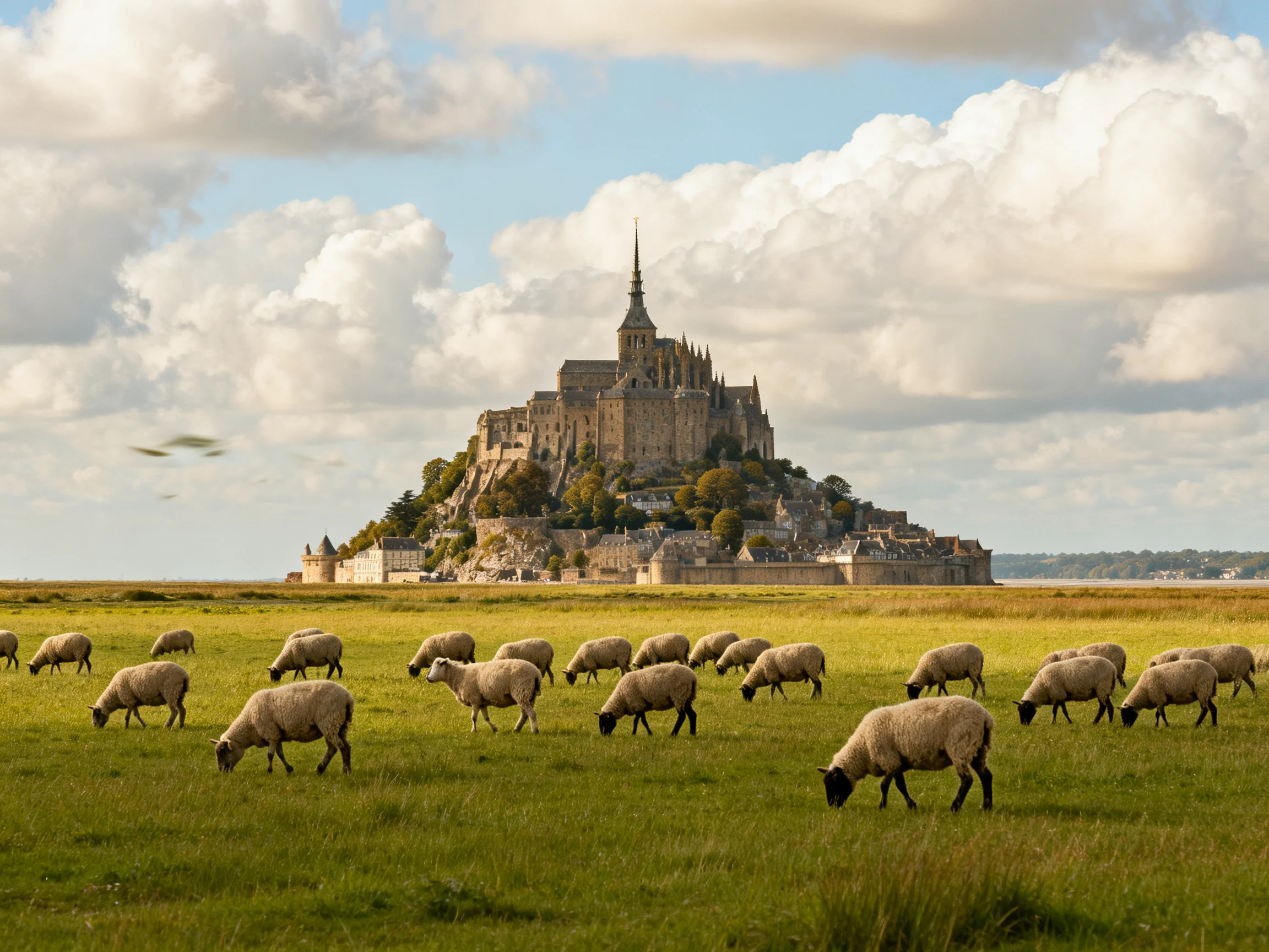 Flock of sheep graze near ancient stone abbey on green field