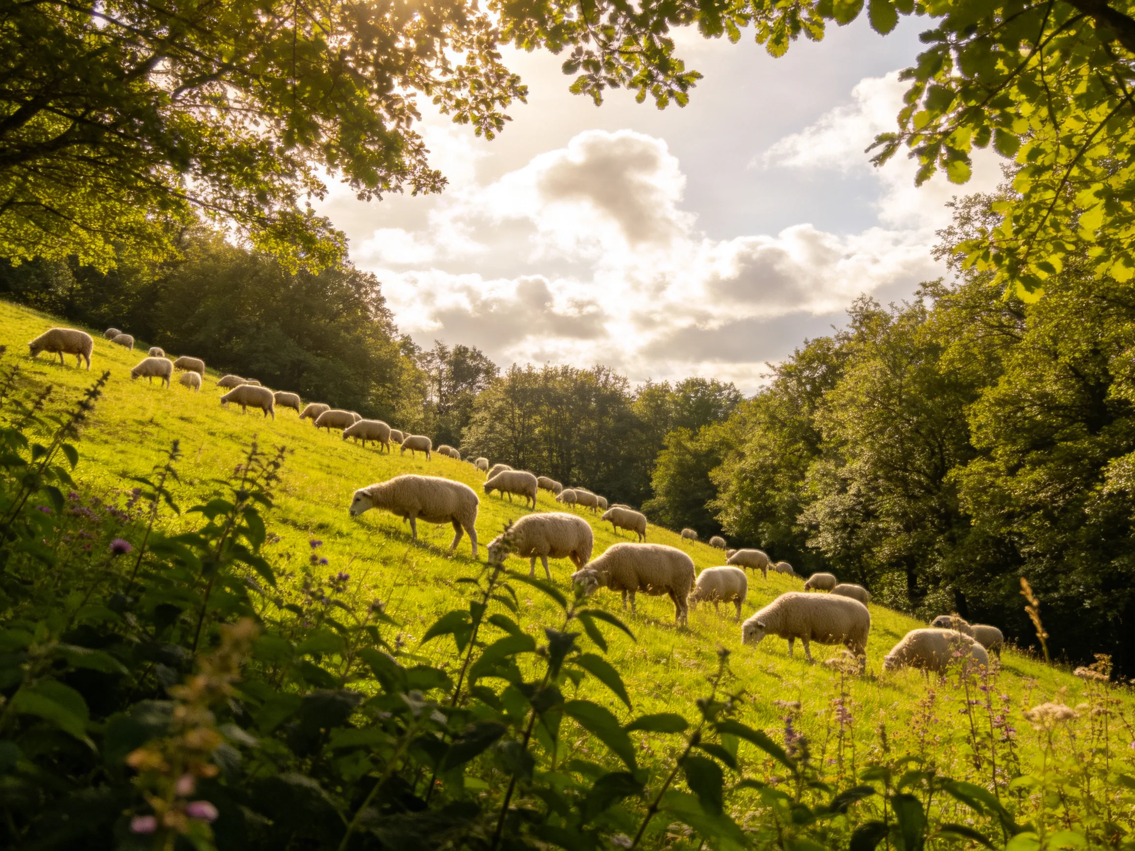 A flock of sheep grazes on a sunlit green hillside near trees
