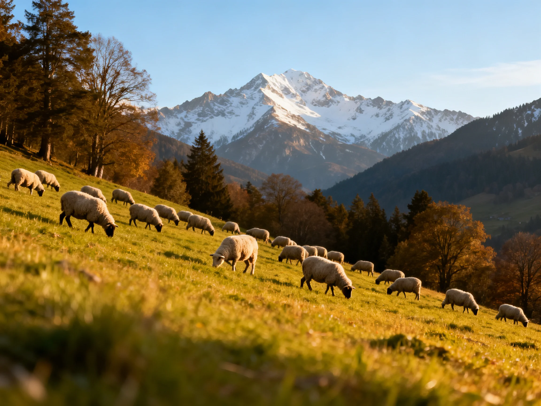 Flock of sheep graze on a sunlit meadow near snow-capped mountains